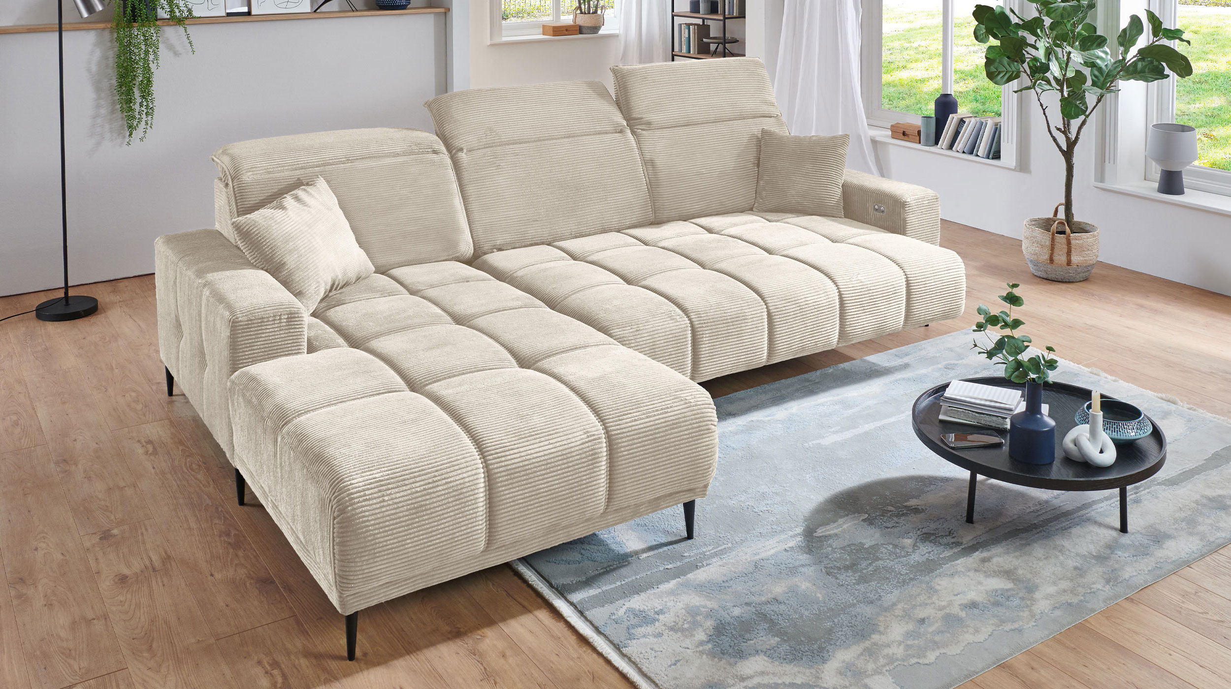 Ecksofa Cord beige ausziehbar - Sitztiefenverstellung 286 cm - OT links - MARISOL