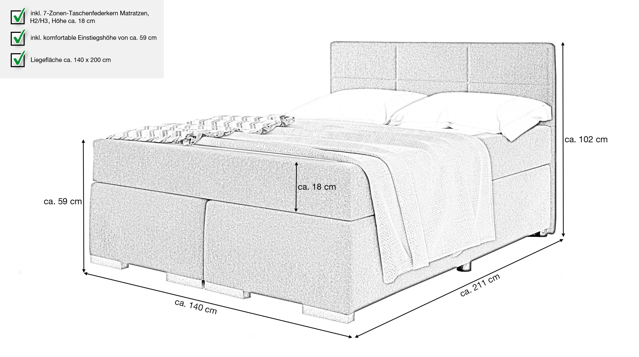 Boxspringbett 140 x 200 cm grau Stoffbezug - ONE