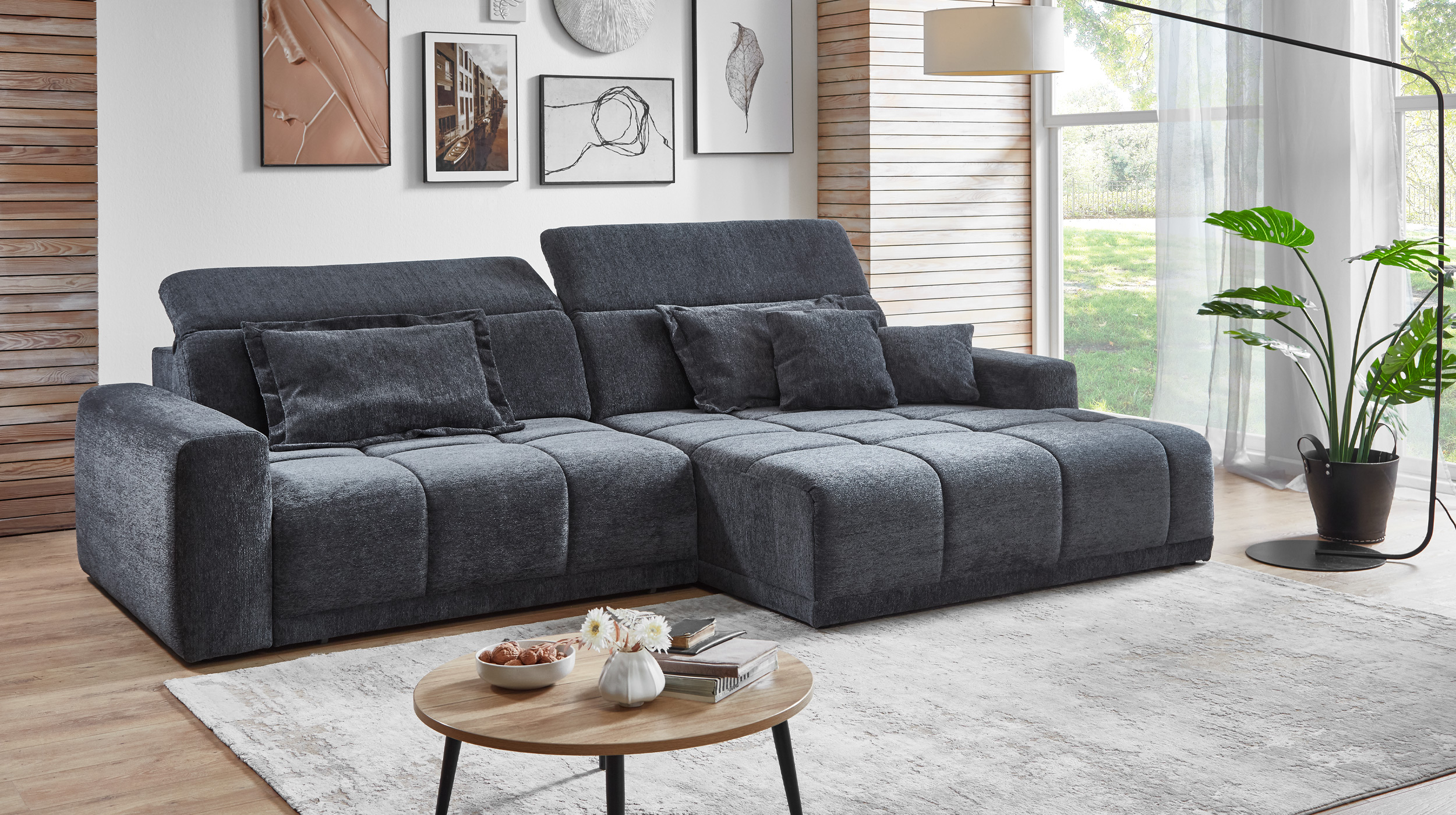 Ecksofa anthrazit - 288 x 176 cm - Sitztiefenverstellung - OT rechts - BROOK