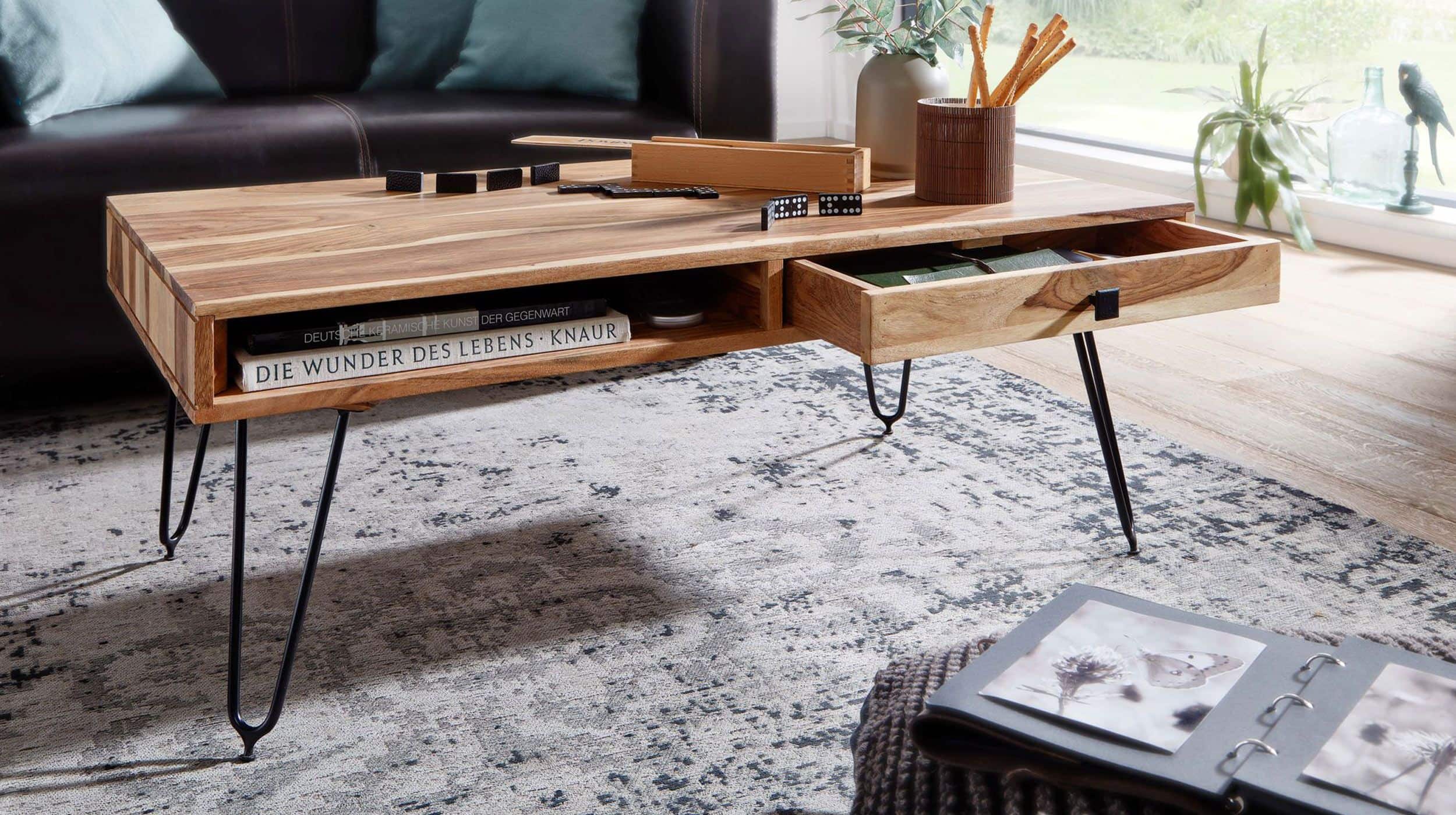 Couchtisch mit Schublade Akazie massiv lackiert 115 x 60 cm - BLOMMA