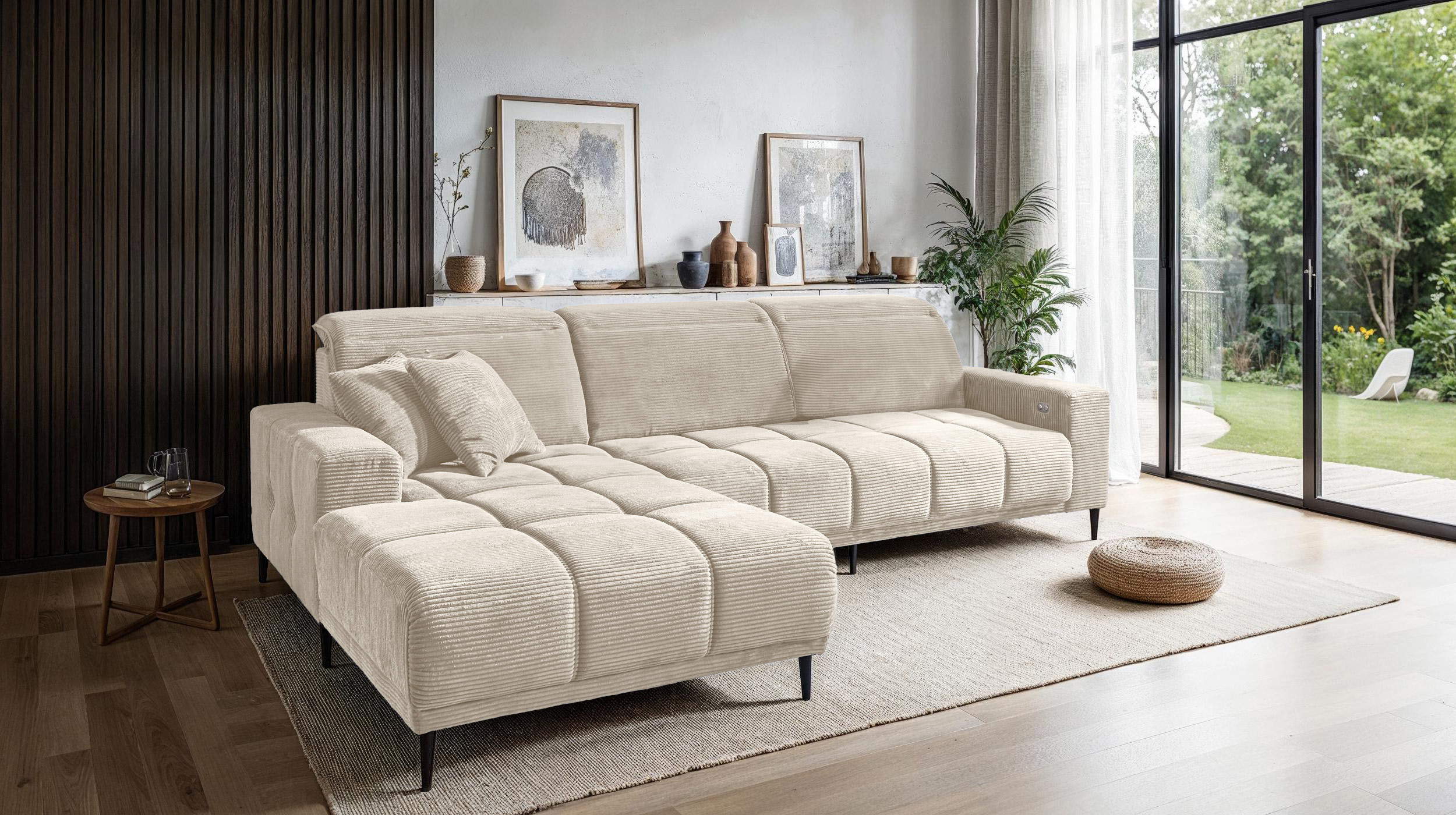 Ecksofa Cord beige ausziehbar - Sitztiefenverstellung 286 cm - OT links - MARISOL