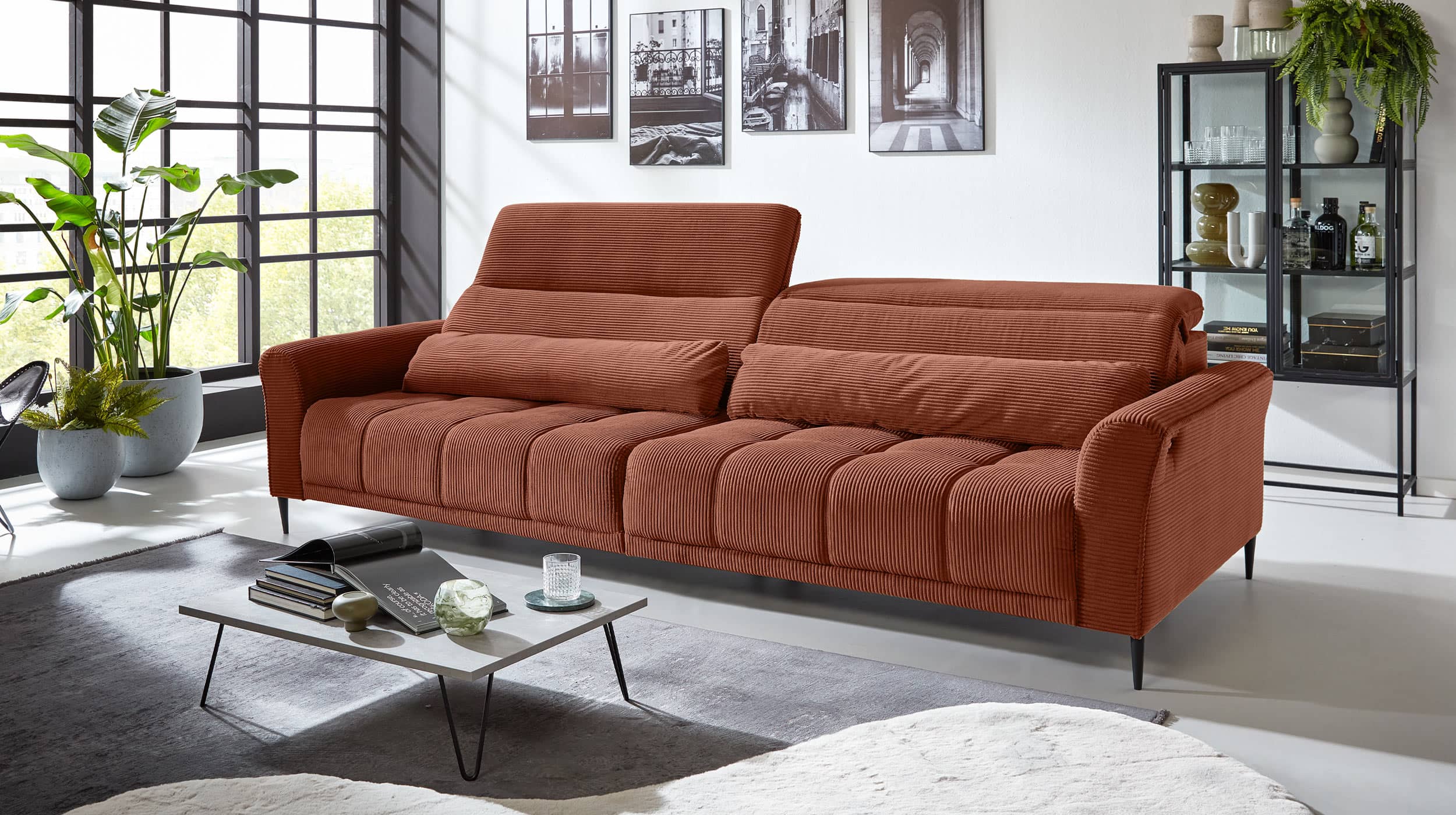 Big Sofa rost - Cordbezug - 280 cm - Nosagunterfederung - LOGAN 