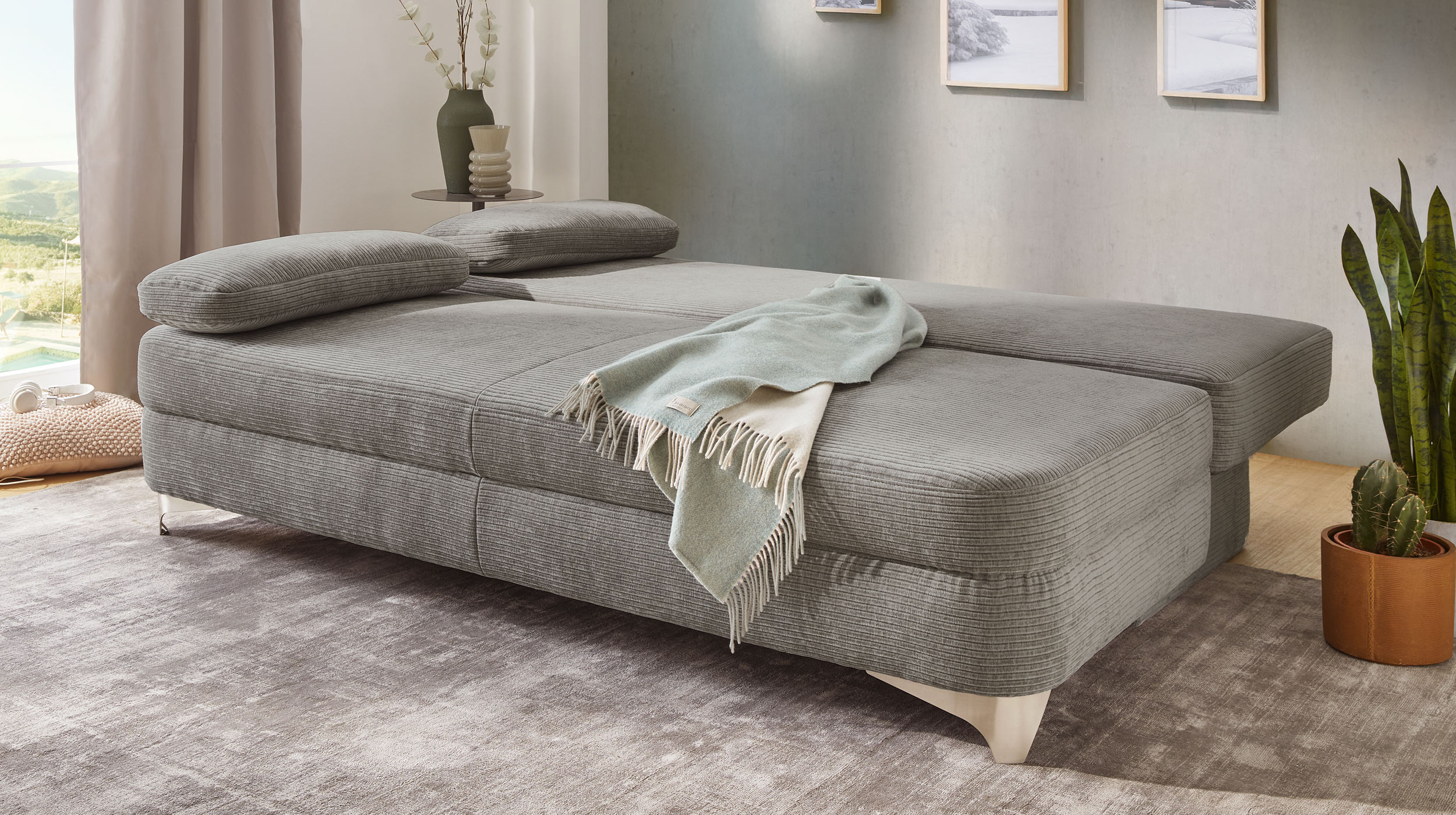 Schlafsofa Cord grau mit Bettkasten 204 cm - NOAH 