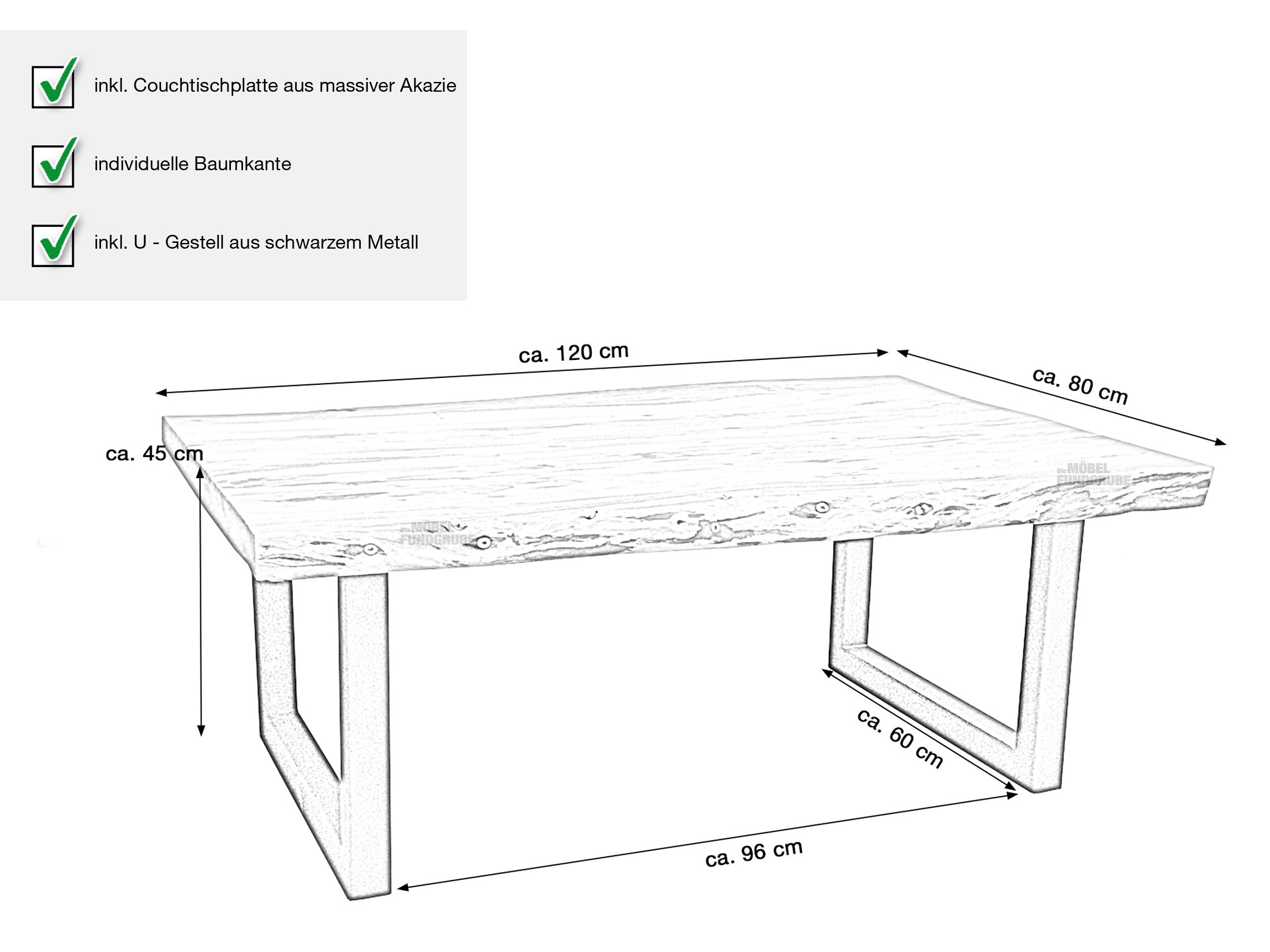 Couchtisch Baumkante Akazie lackiert massiv 120 x 80 cm - TICO