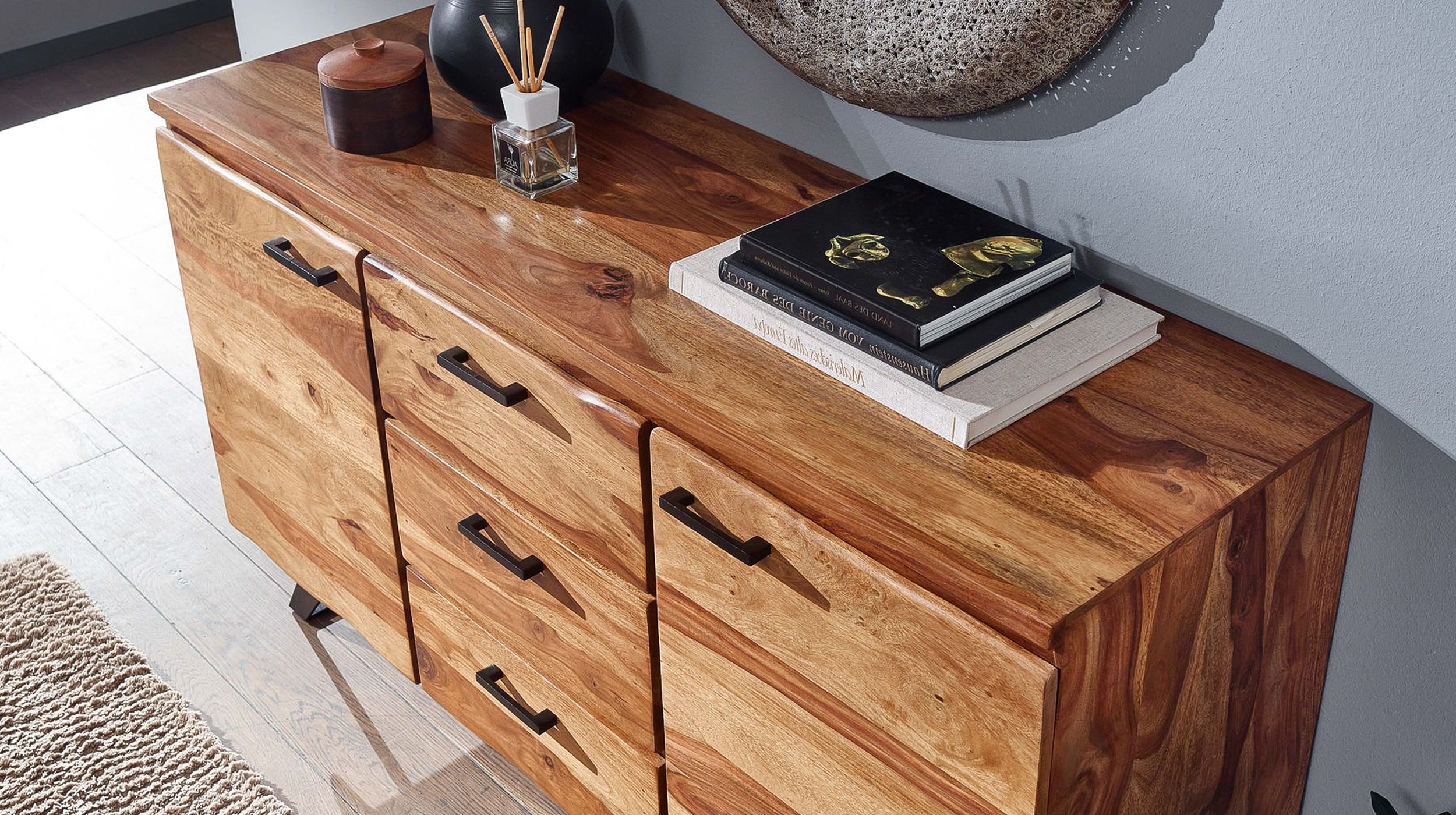 Sideboard mit 3 Schubladen Sheesham massiv gebeizt 145 cm - VINNAN