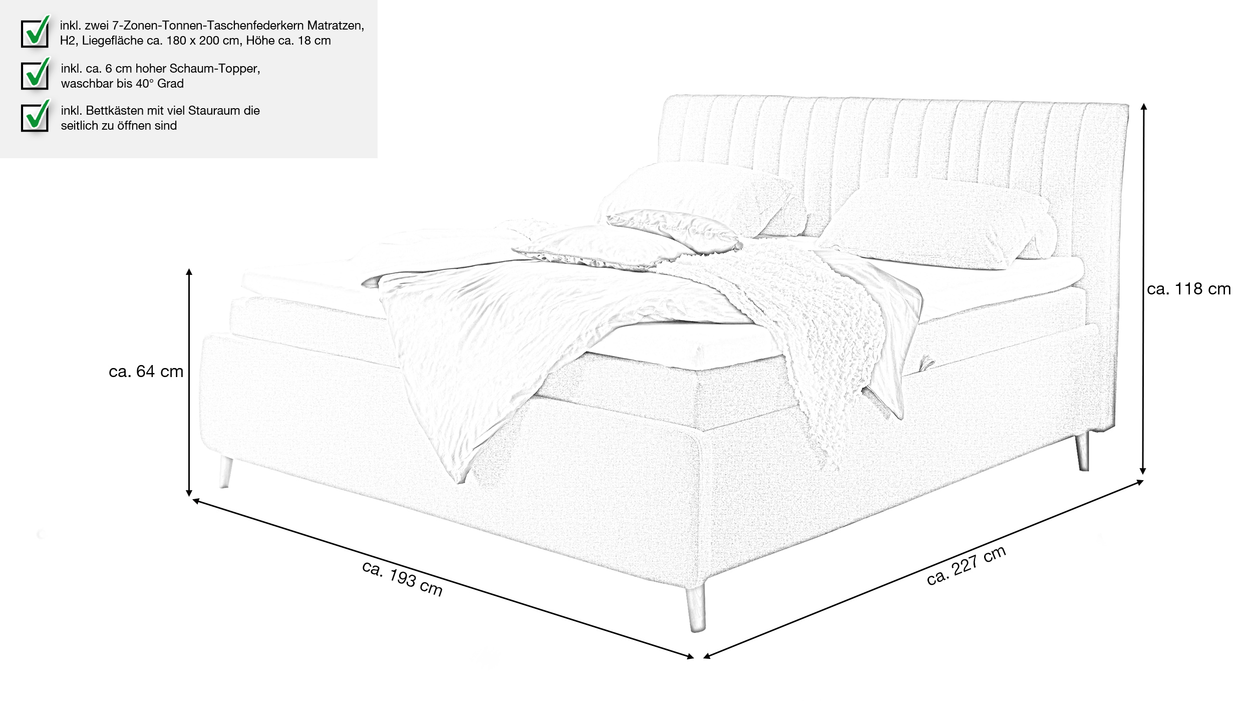 Boxbett 180 x 200 cm creme Webstoff mit Bettkasten - AKRON