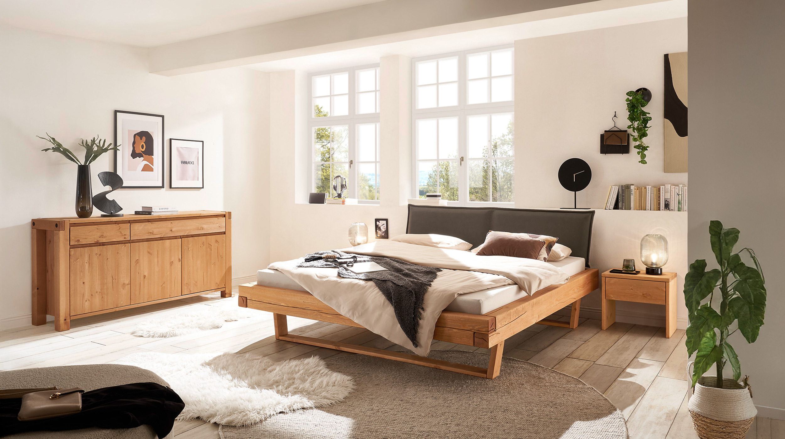 Balkenbett 140 cm Kiefer massiv Polsterkopfteil - U-Gestell - JOREN