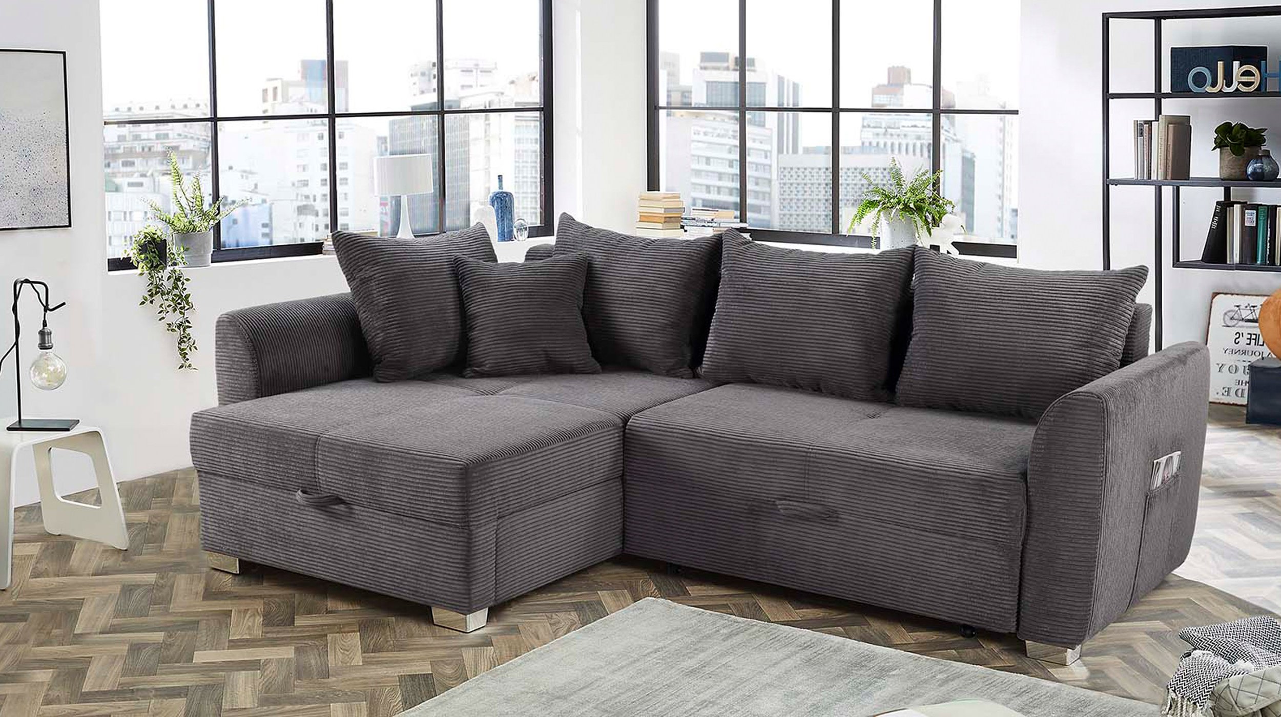 Ecksofa Cord grau Schlaffunktion Bettkasten 236 cm- BOOMER