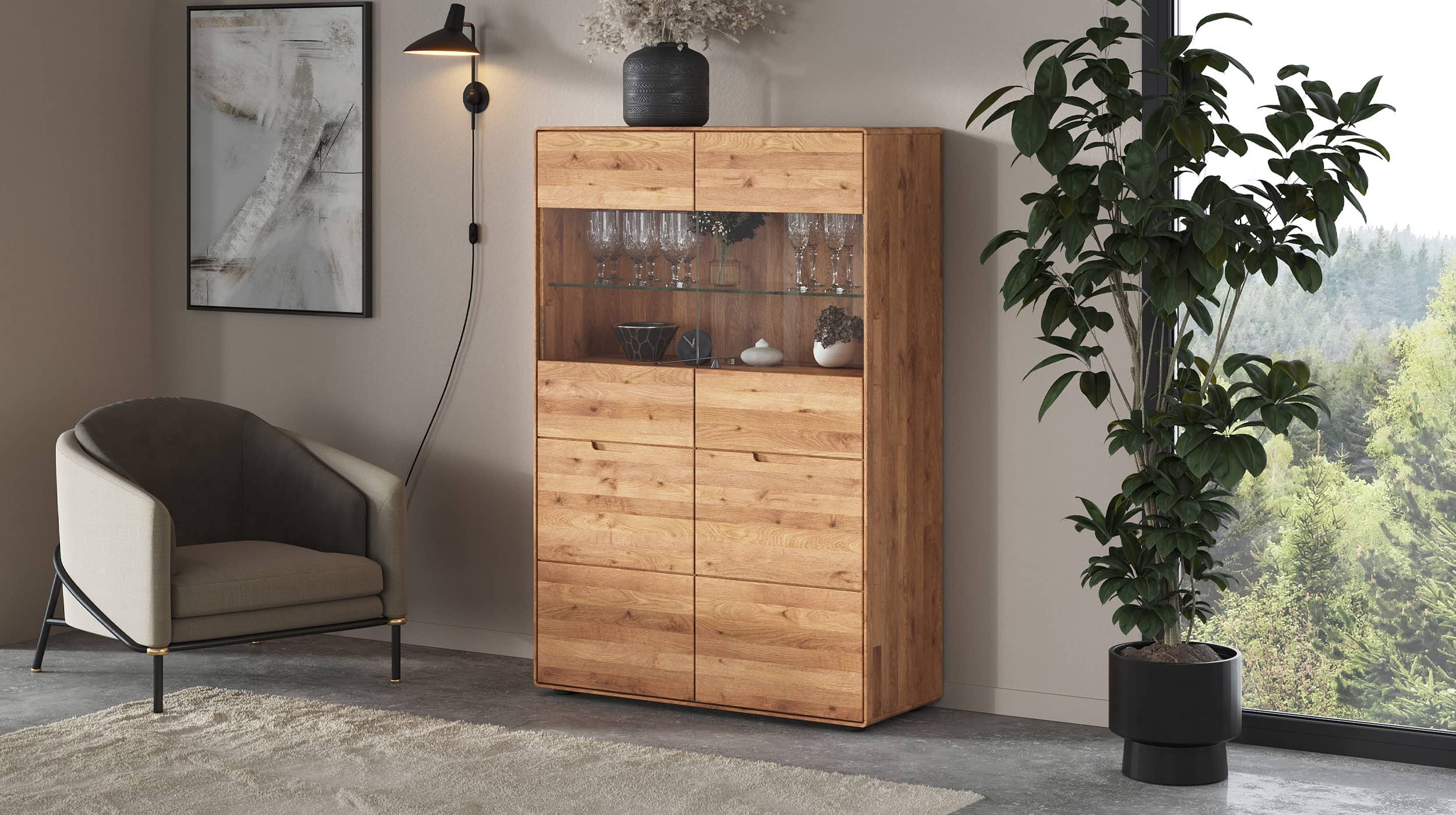 Highboard mit Glastüren Wildeiche massiv 100 cm - LUCAS 