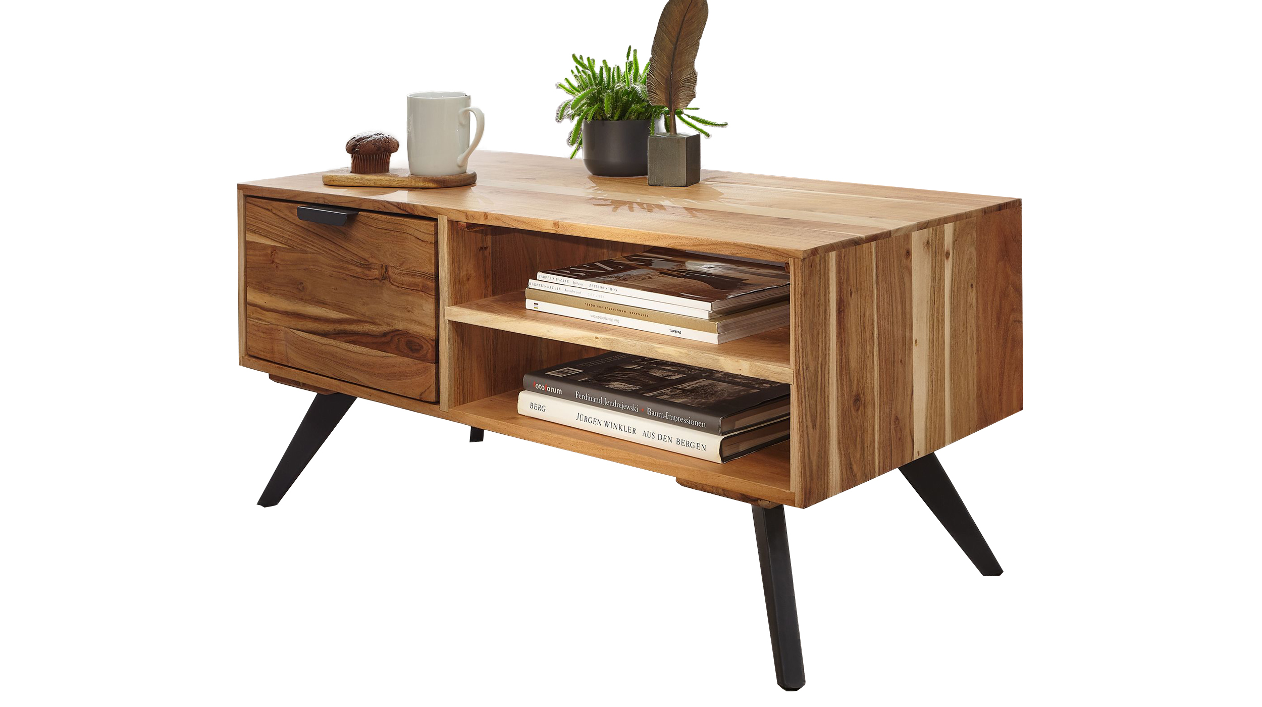Couchtisch mit Schublade Akazie massiv lackiert 95 x 45 cm - CAYA 