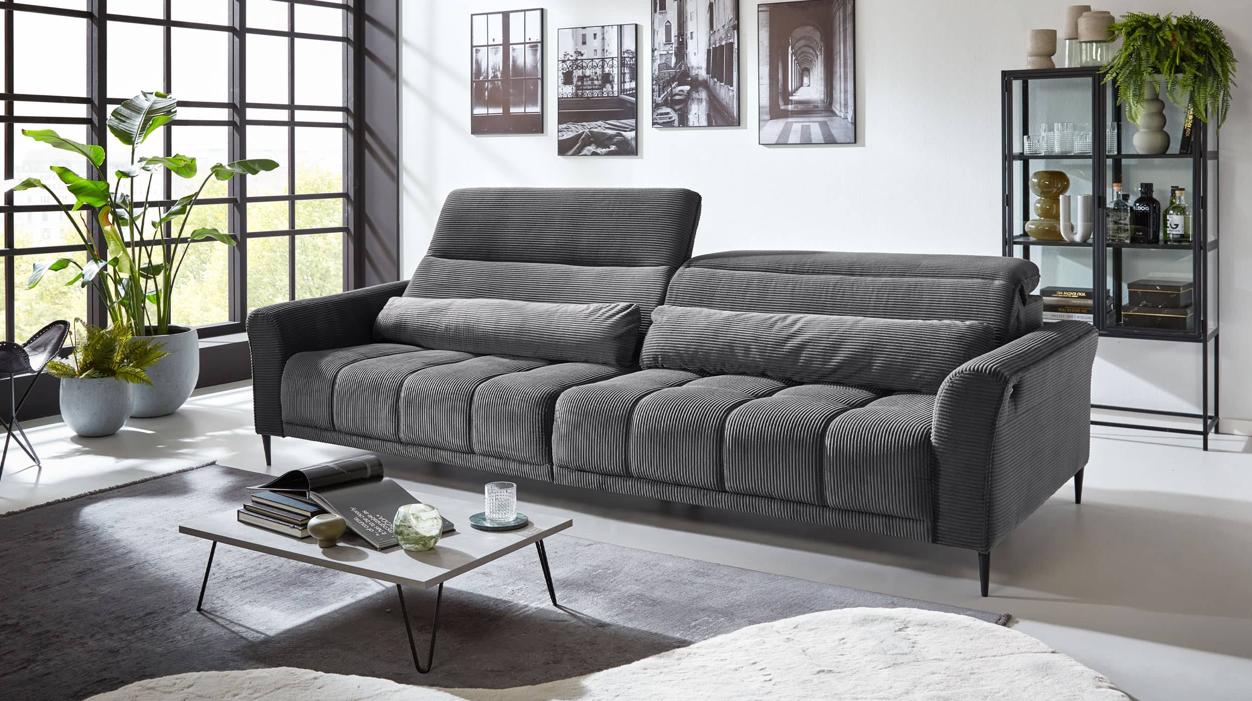 Big Sofa grau - Cordbezug - 280 cm - Nosagunterfederung - LOGAN 