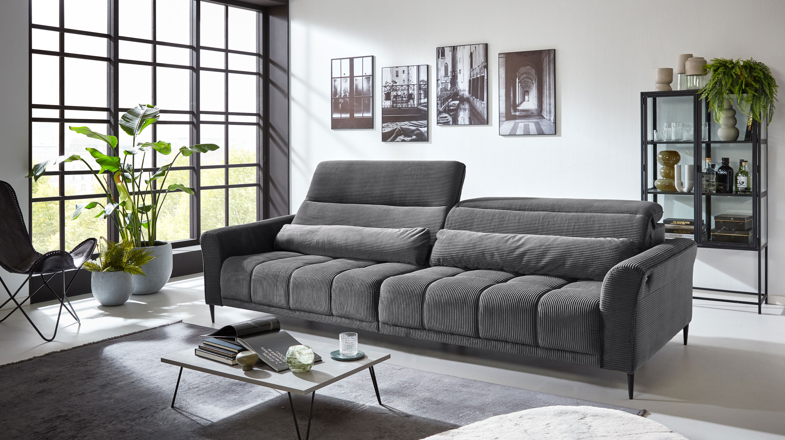 Big Sofa Cord grau ausziehbar - Sitztiefenverstellung - 280 cm - LOGAN 