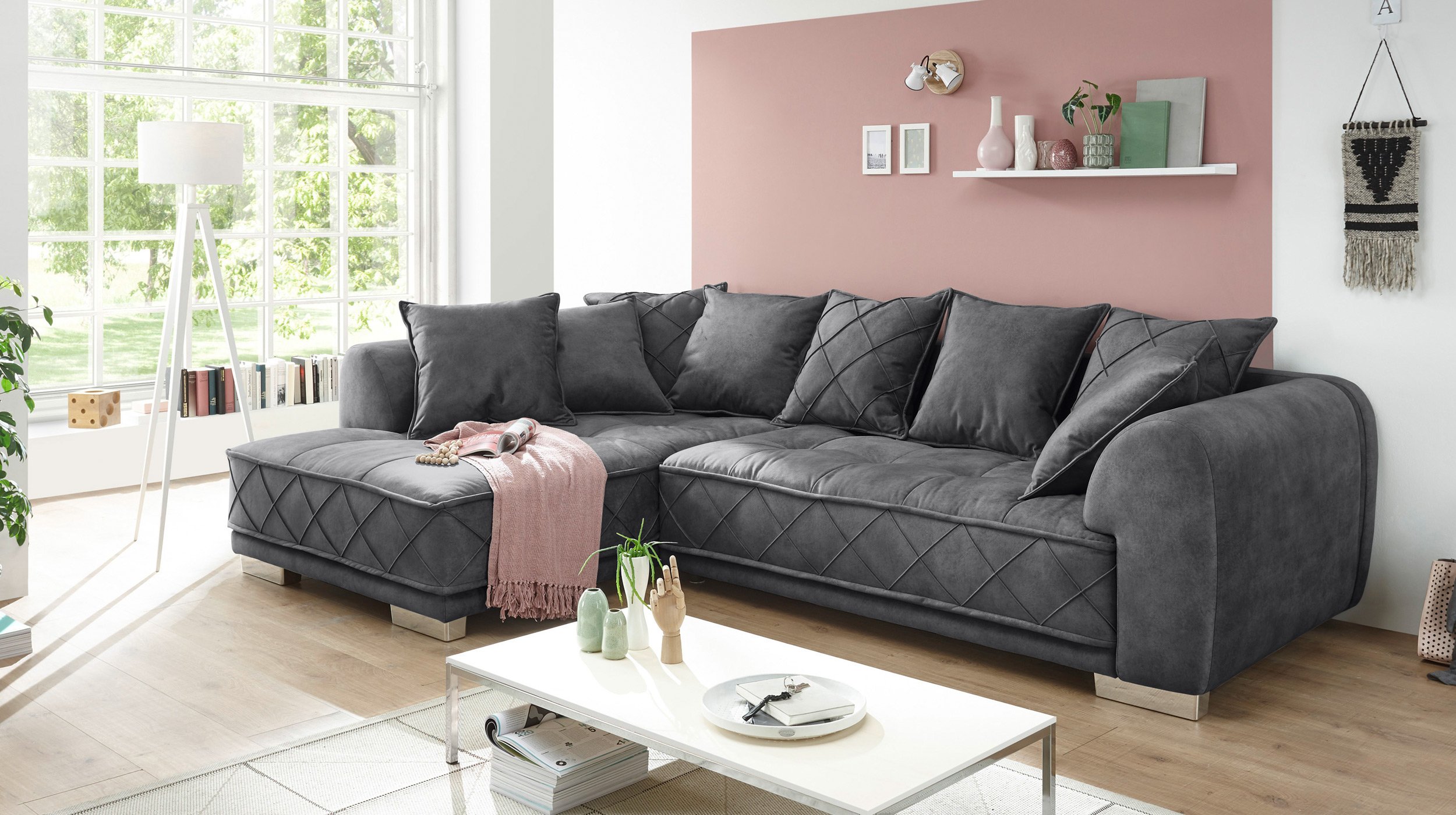 Ecksofa anthrazit 319 x 194 cm mit Kissen - SENTINA