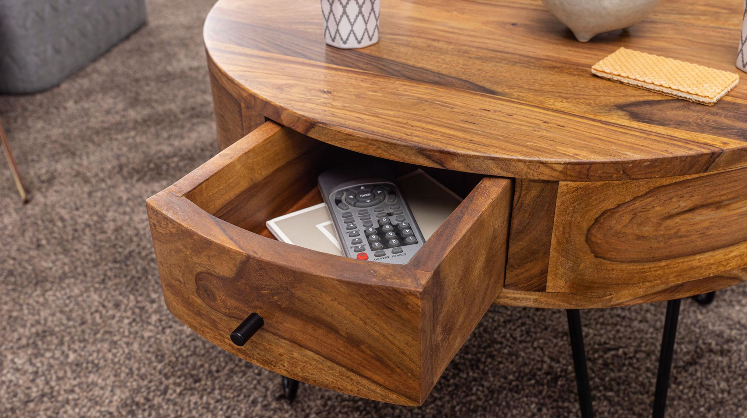 Couchtisch rund mit Schublade Sheesham massiv gebeizt 60 cm