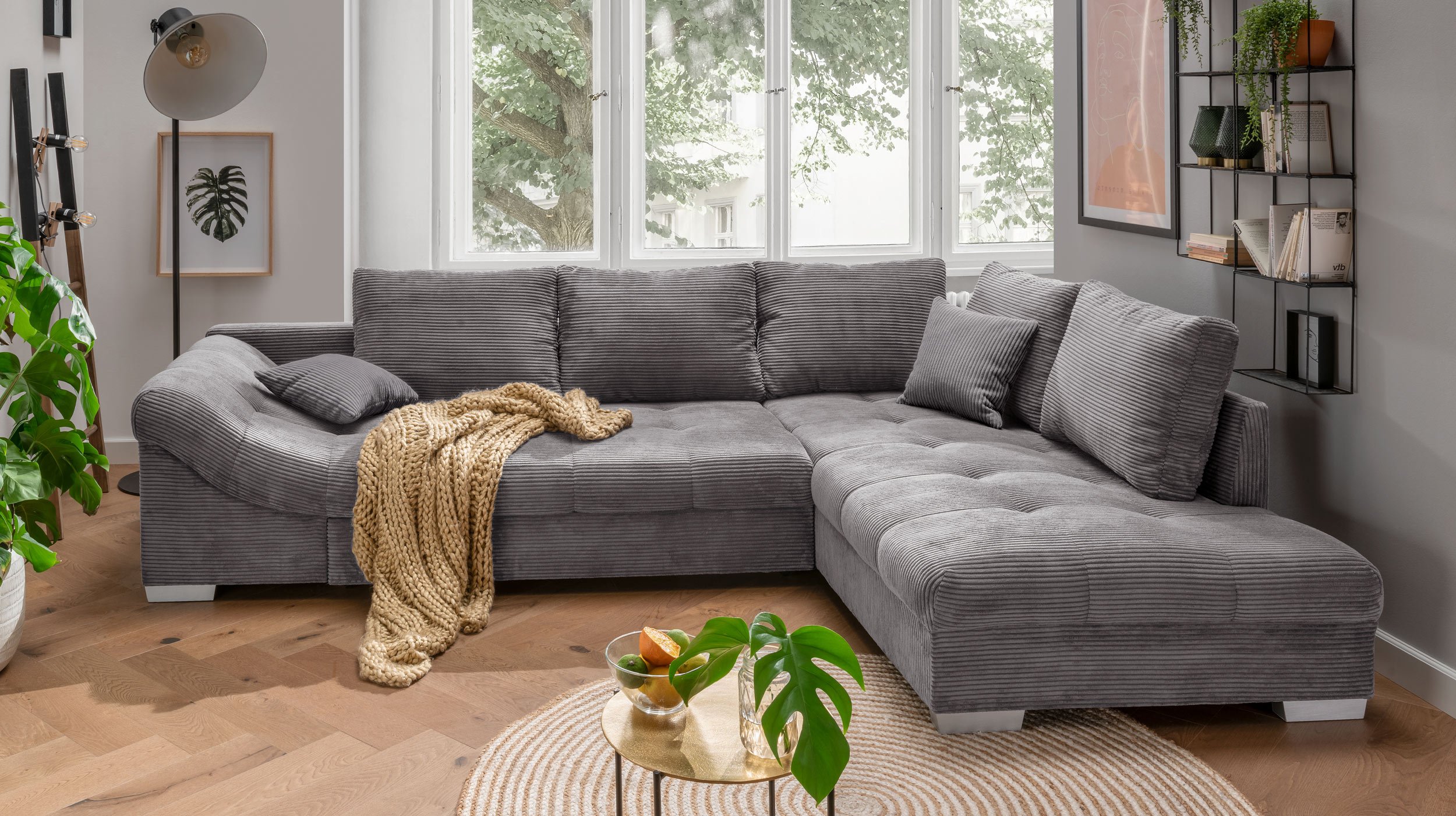 Ecksofa Wohnlandschaft Cordbezug grau 298 x 202 cm - ALVITO