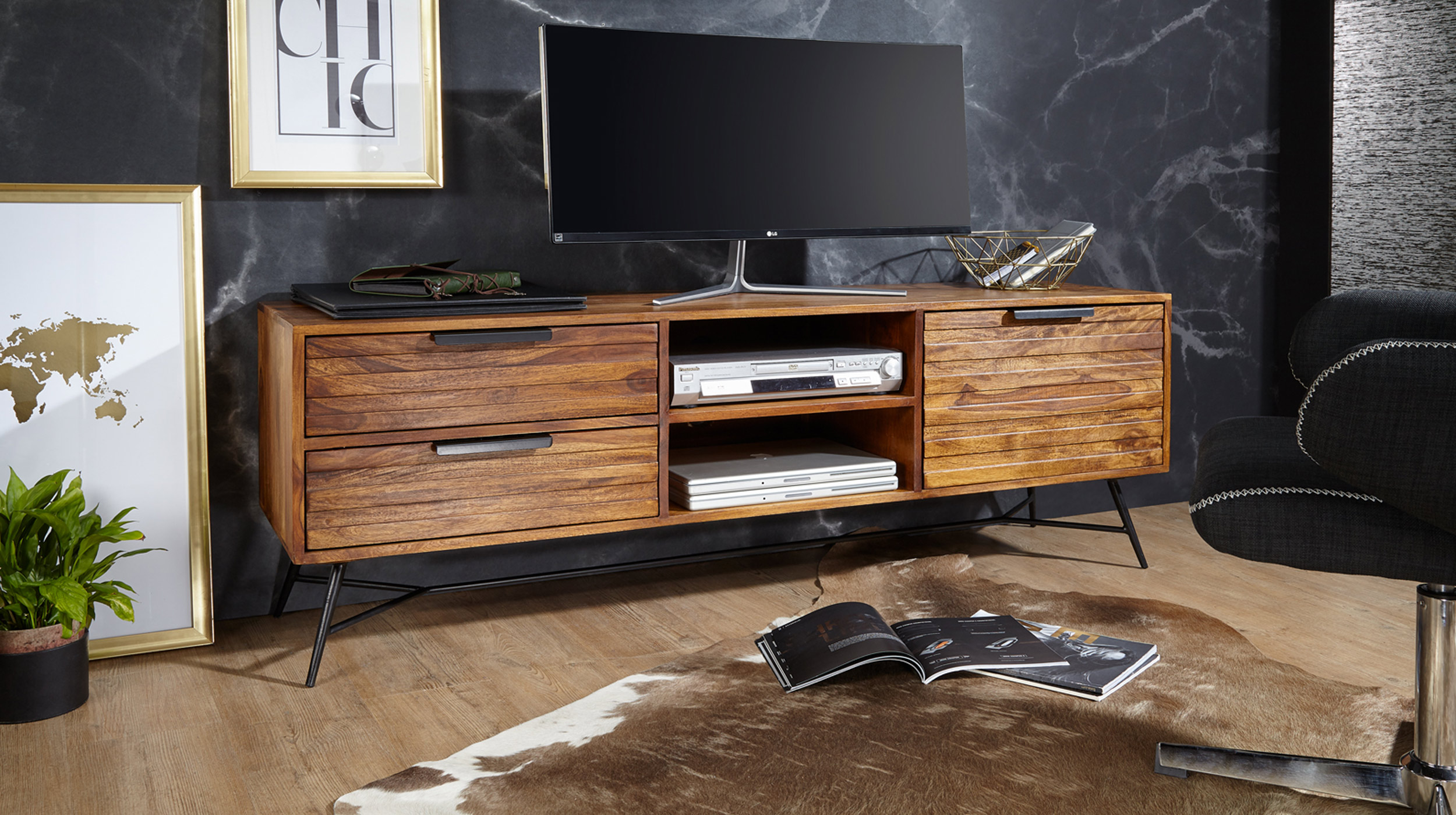 TV-Lowboard Sheeshamholz massiv gebeizt 160 cm - ASKJA 