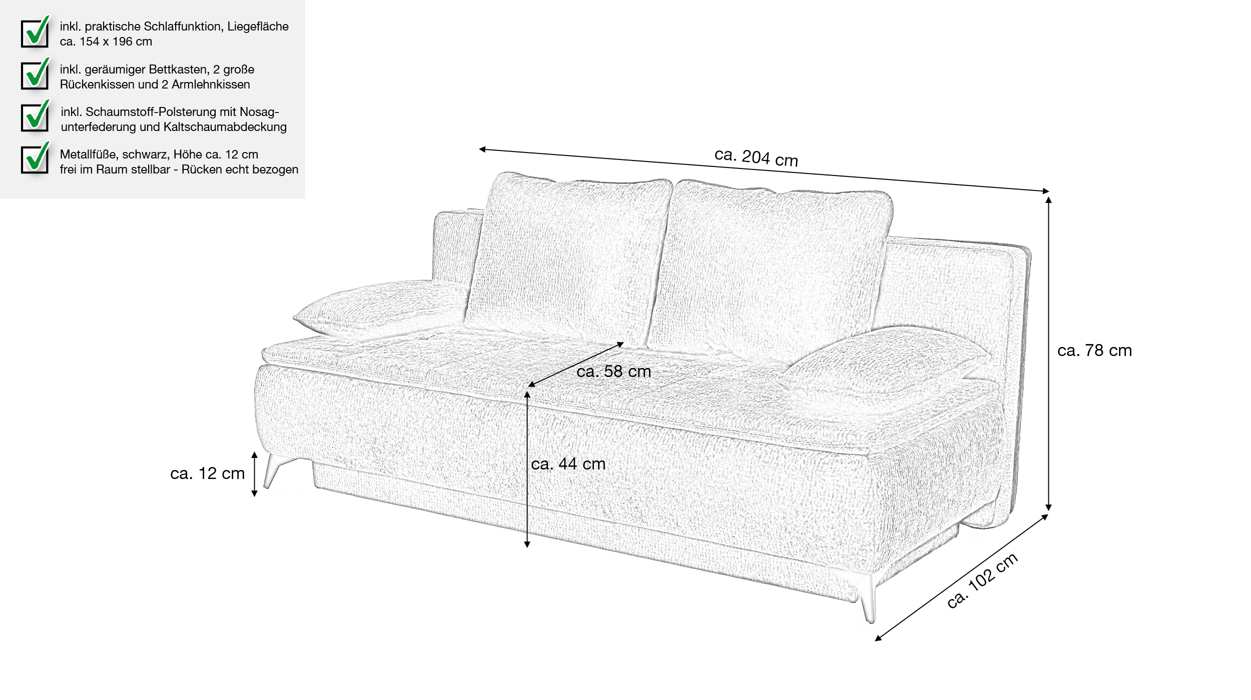 Schlafsofa grau mit Bettkasten 204 cm - Dauerschläfer - LIVENTO 