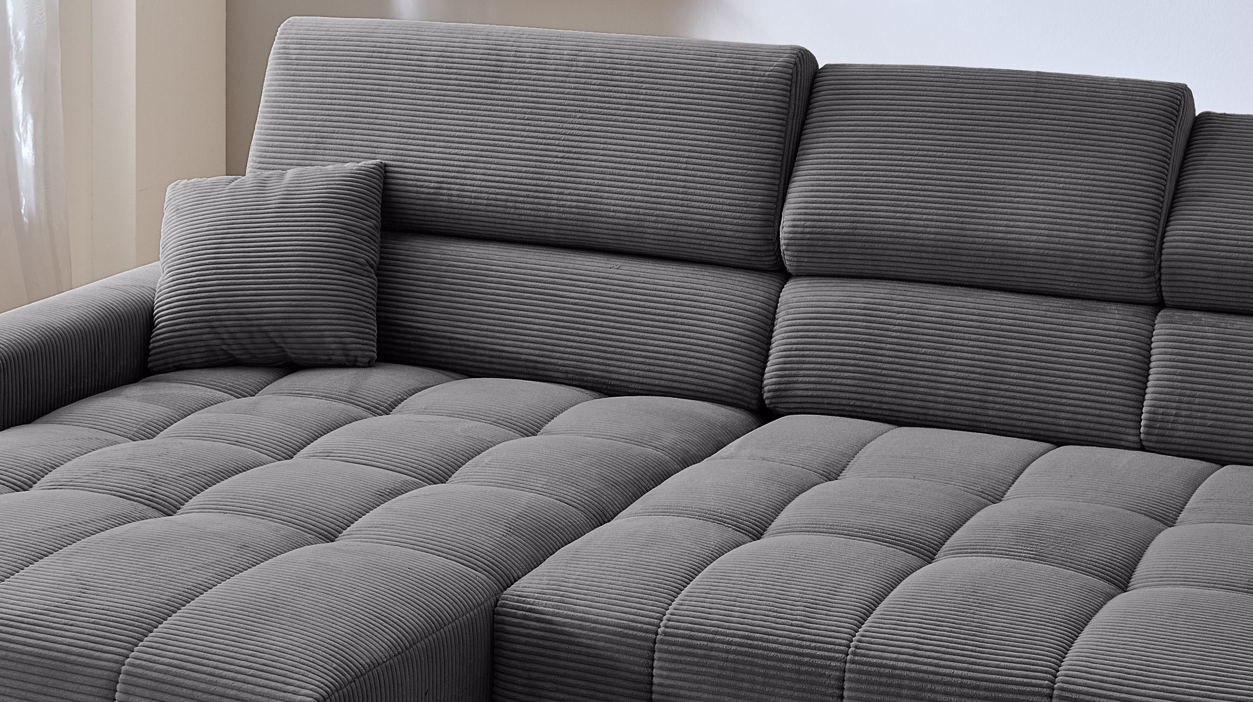 Ecksofa Cord grau ausziehbar - Sitztiefenverstellung 256 cm - OT links - SIMPLE