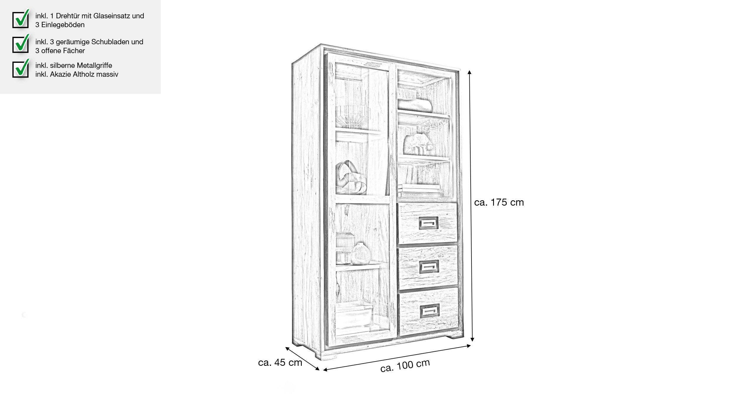 Vitrine Akazie Altholz massiv montiert - 100 cm Glastür - NARVIK