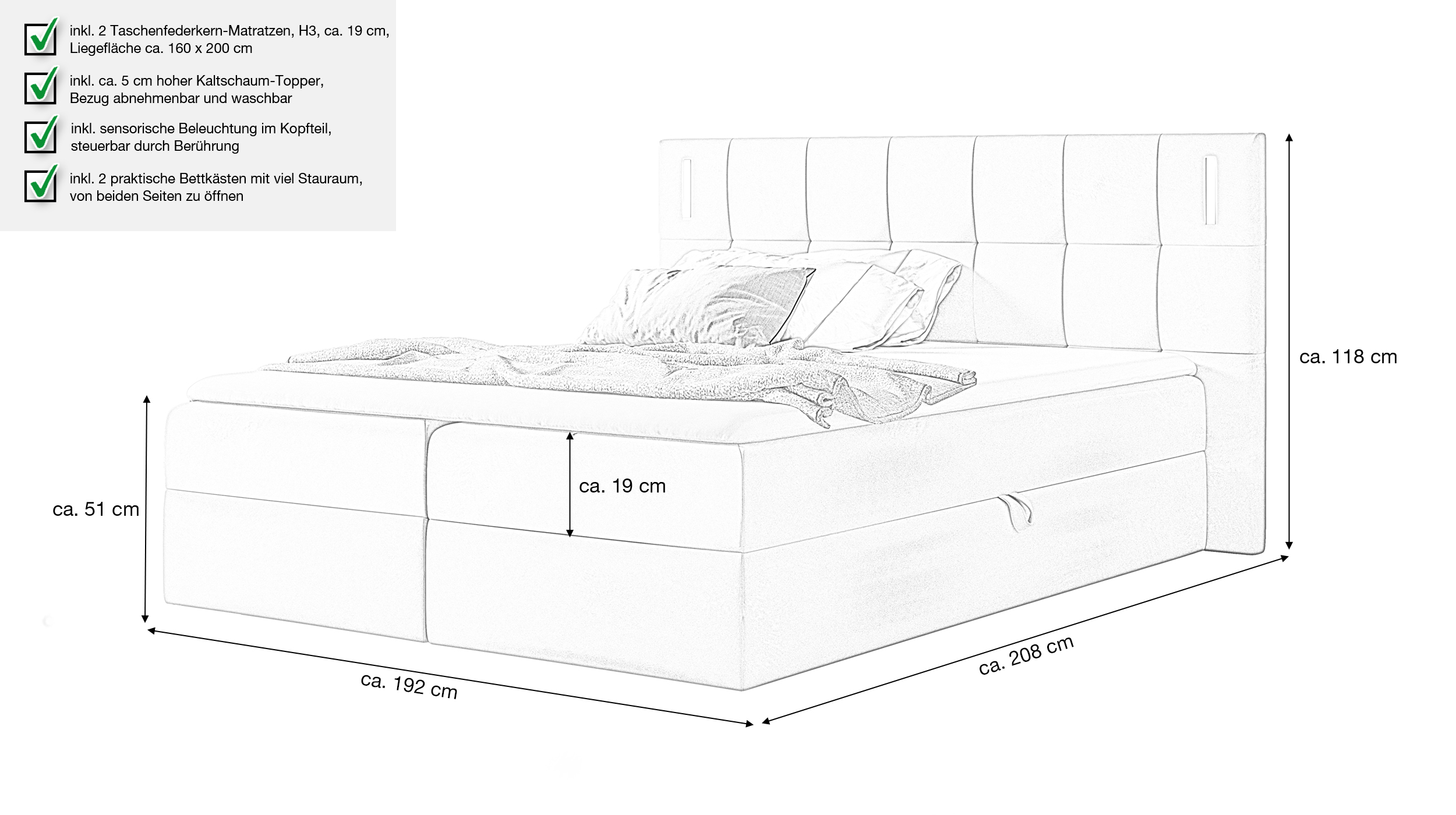 Boxbett 160 x 200 cm mit Bettkasten grau Samtbezug - DALIO