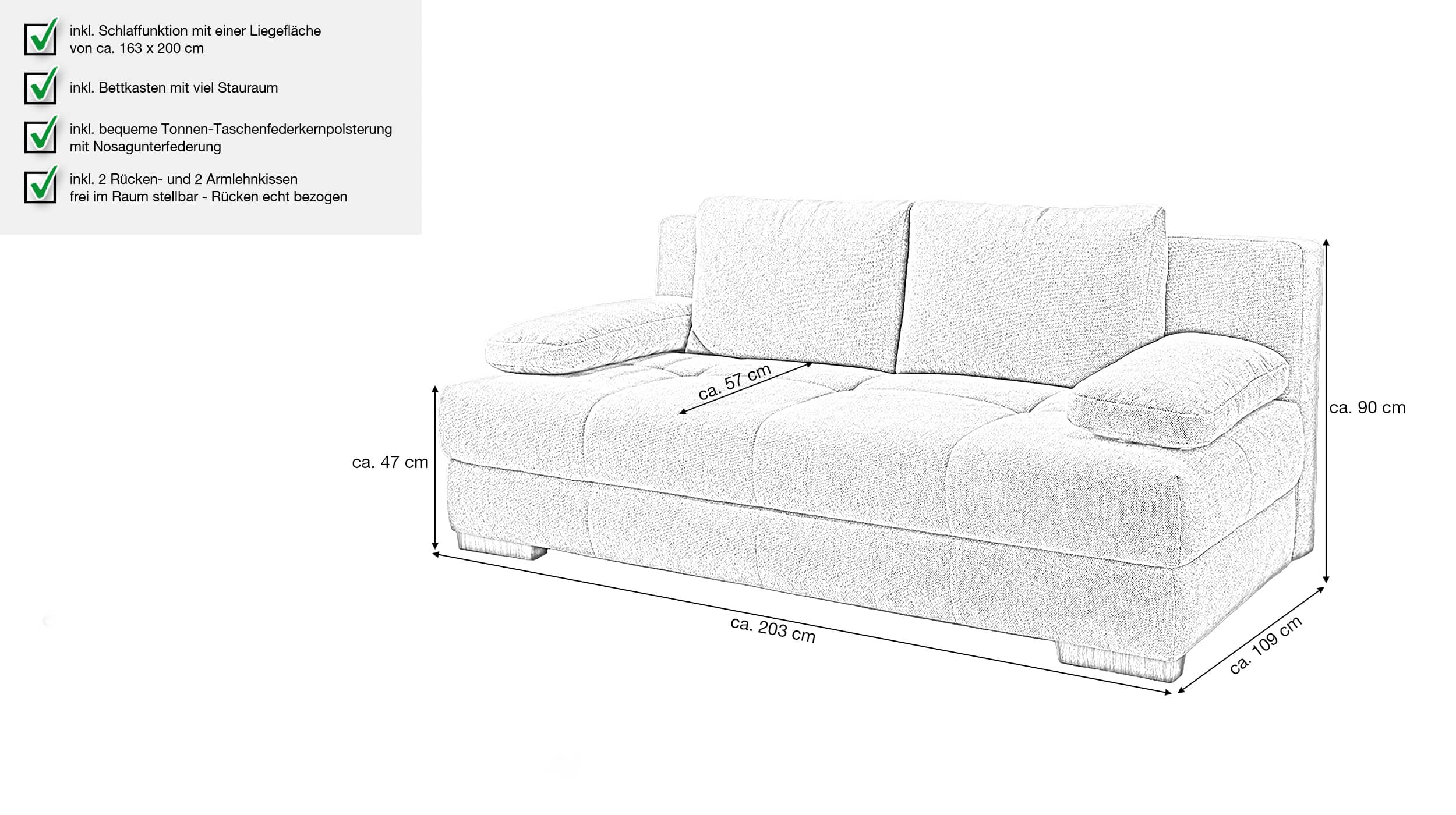 Schlafsofa mit Bettkasten grau 203 cm Dauerschläfer - CALLI