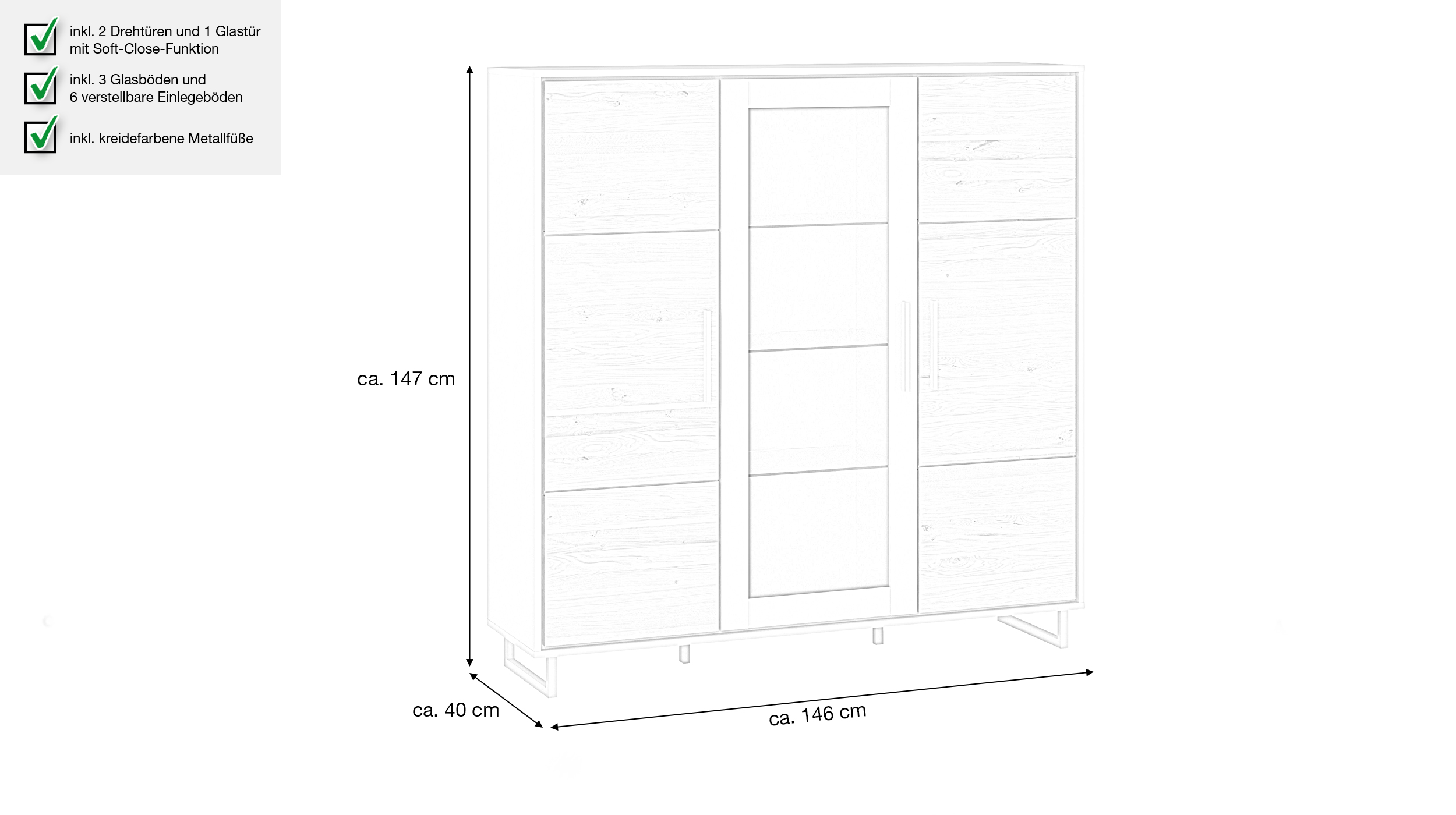 Highboard mit Glastür Eiche teilmassiv geölt 146 cm - KAI 