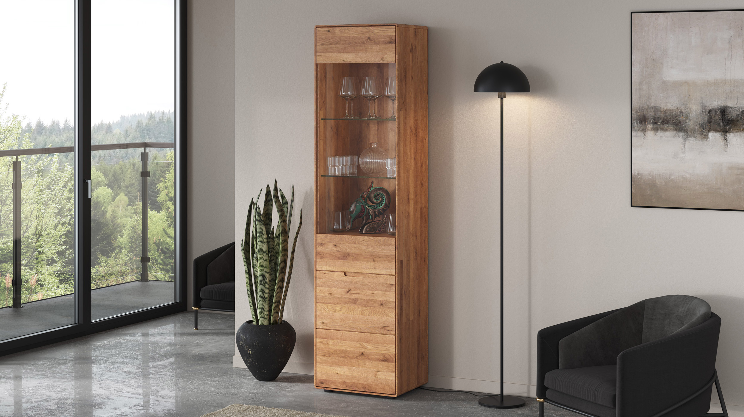 Vitrine mit Glastür Wildeiche massiv Breite 51 cm - LUCAS