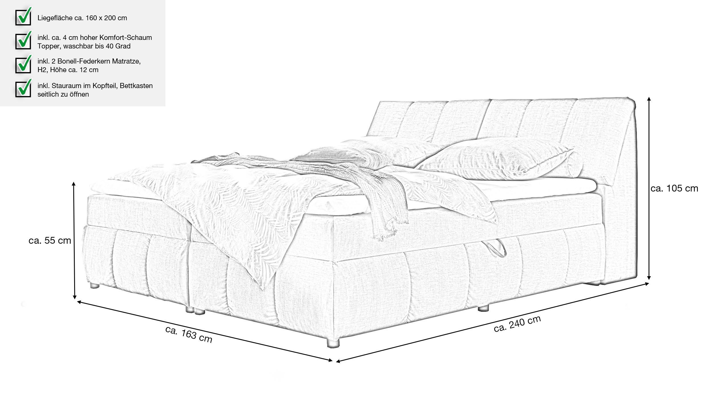Boxbett 160 x 200 cm grau Stoffbezug Bettkasten - MADRID