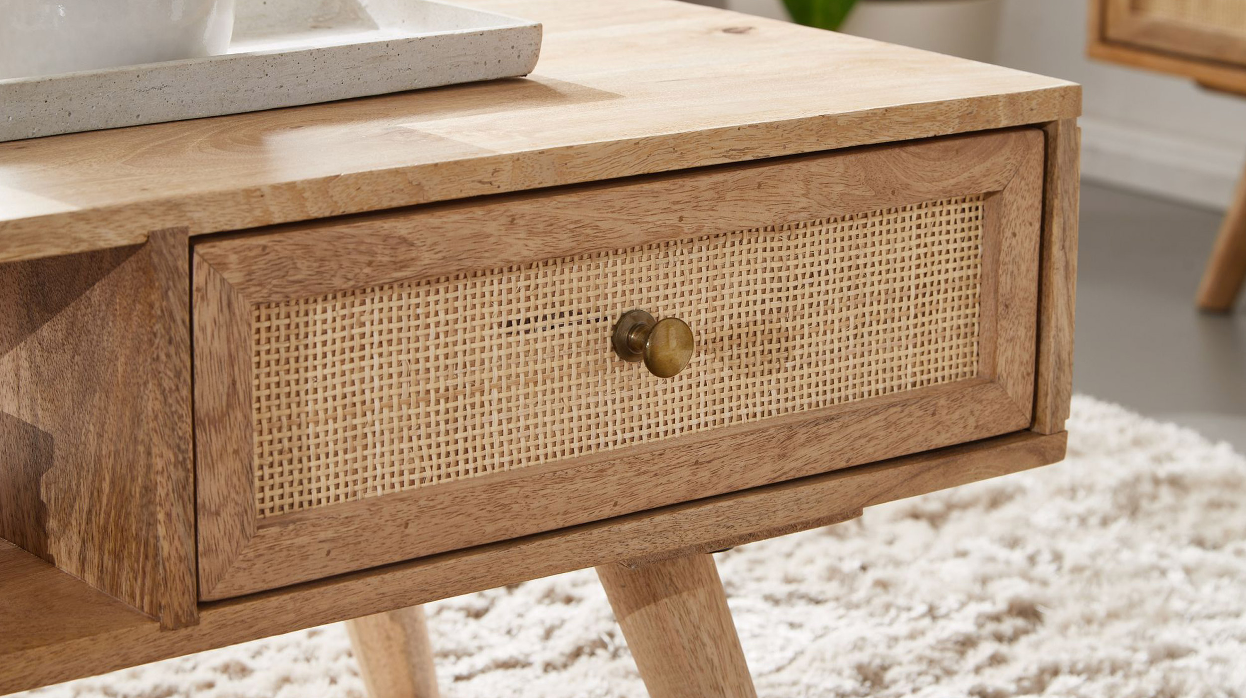 Couchtisch mit Schublade Mango massiv - Rattan 90 x 40 cm - RIKARD
