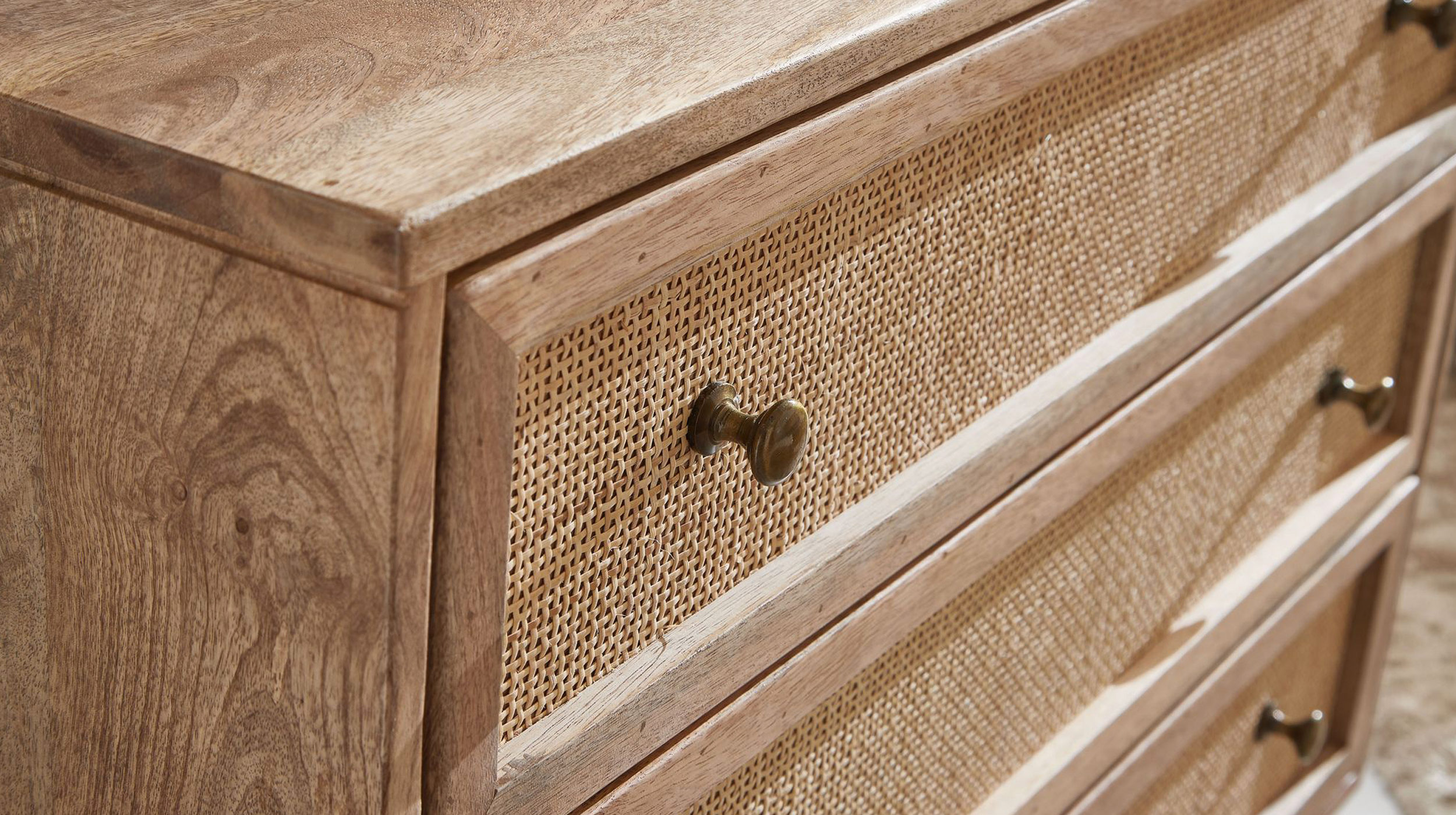 Kommode mit 3 Schubladen Mango massiv - Rattan 80 x 40 cm - RIKARD