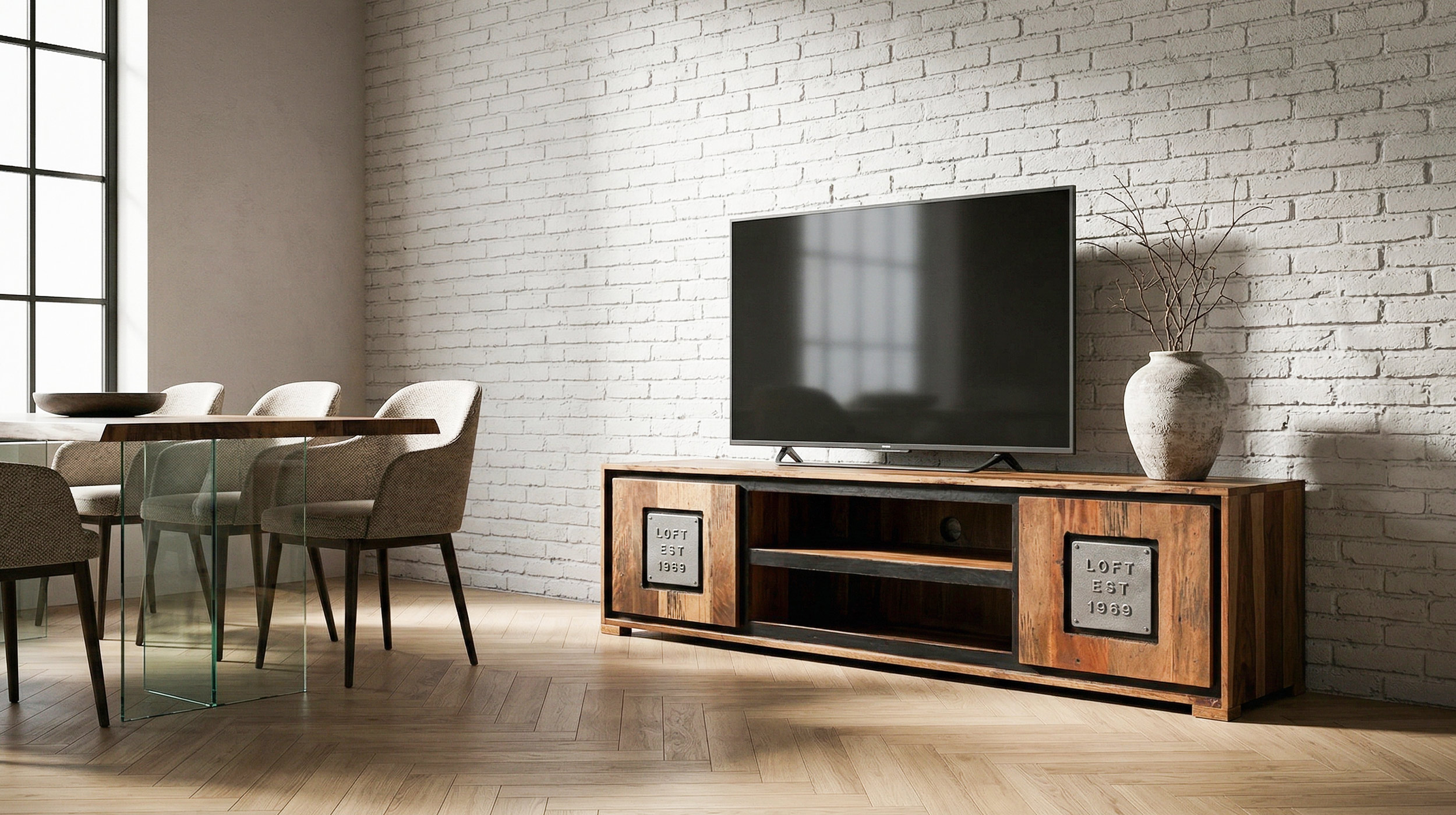 TV - Lowboard Akazie Altholz massiv montiert - 180 cm - NARVIK