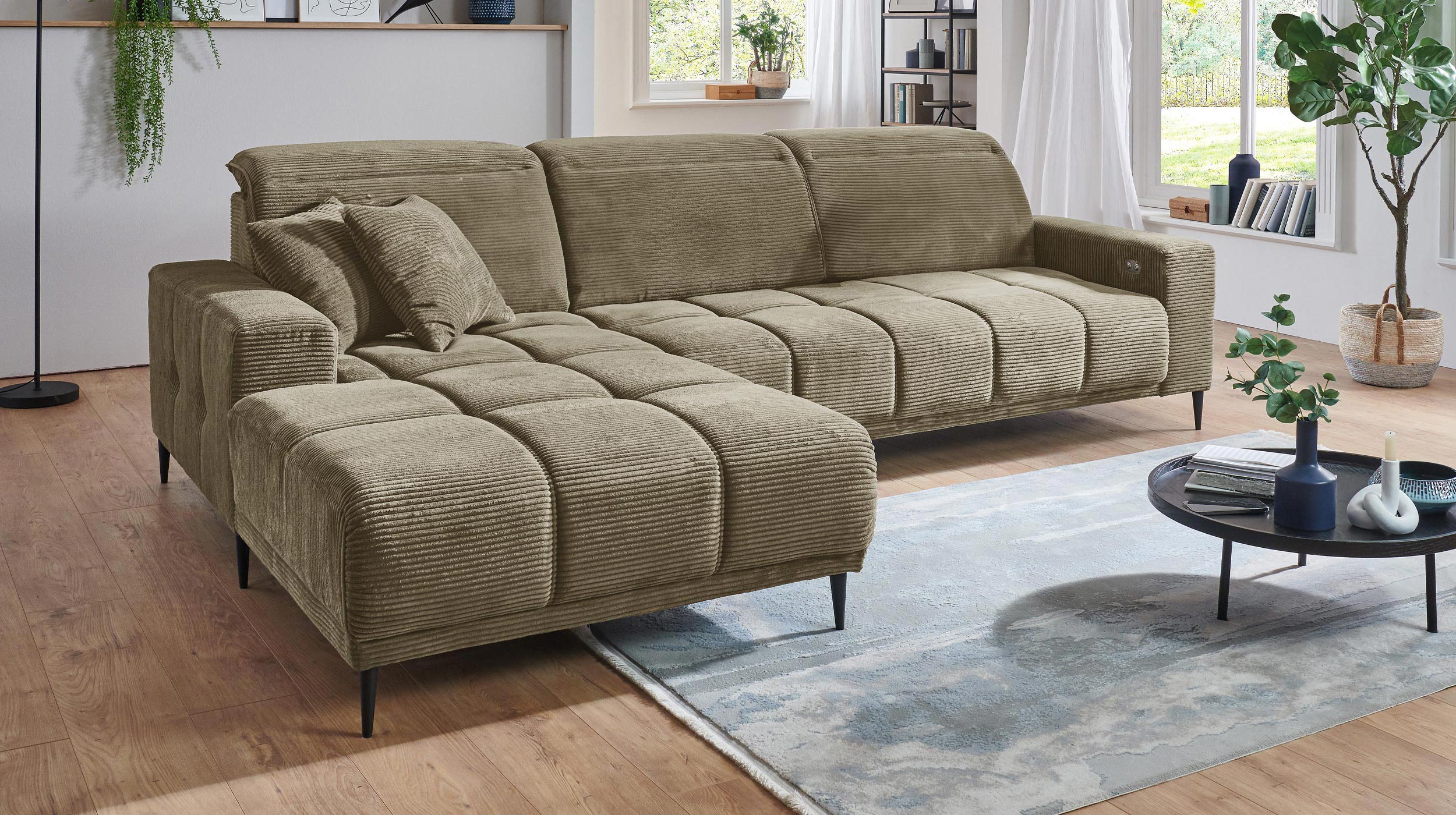 Ecksofa Cord grün ausziehbar - Sitztiefenverstellung 286 cm - OT links - MARISOL