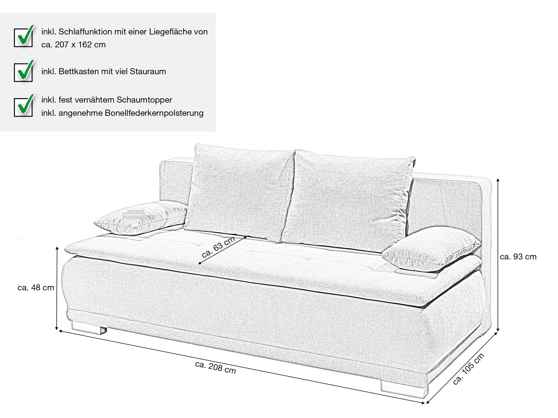 Schlafsofa grau -Topper - Bettkasten 208 x 105 cm - LUIGI