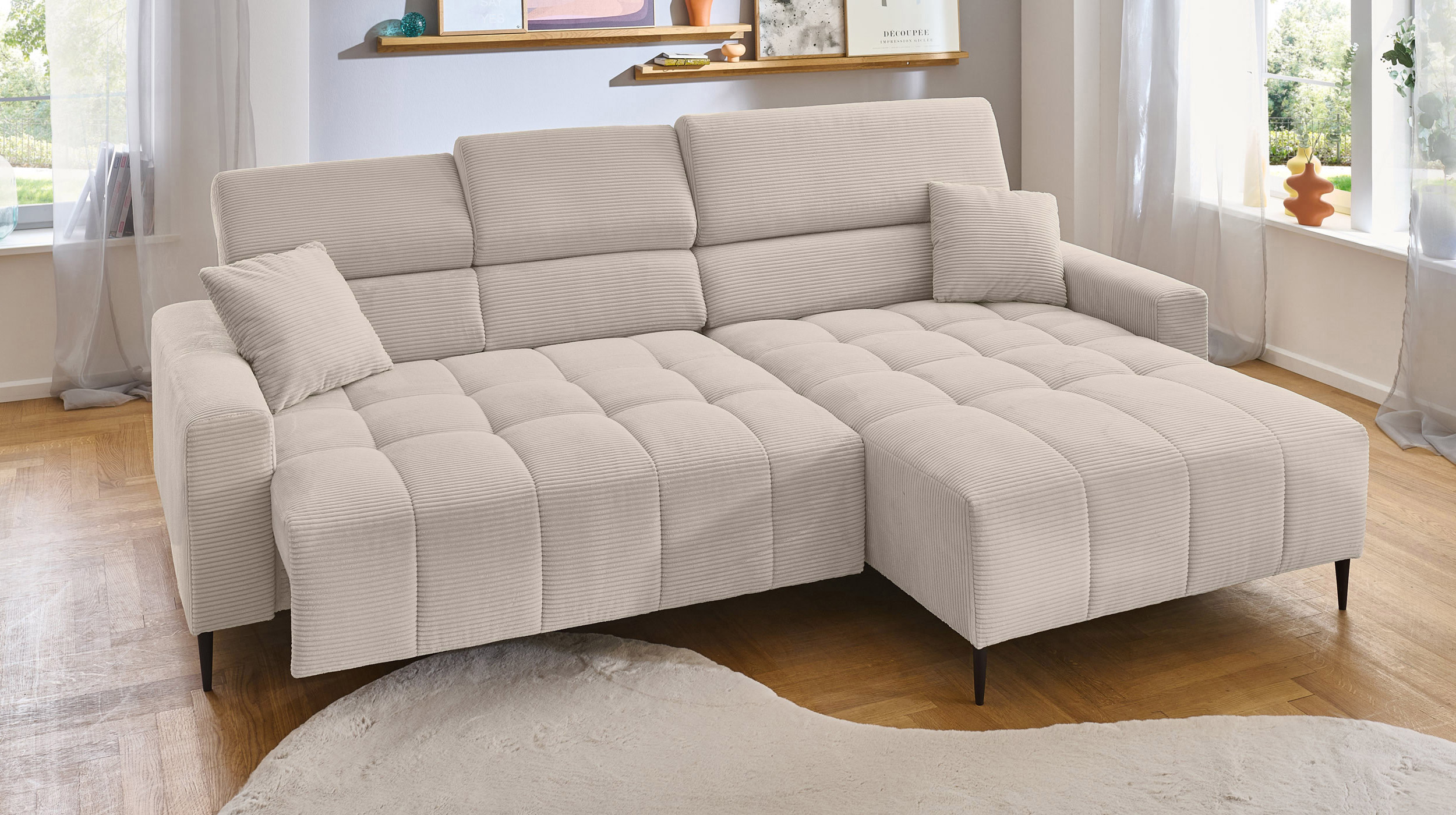 Ecksofa Cord beige ausziehbar - Sitztiefenverstellung 256 cm - OT rechts - SIMPLE