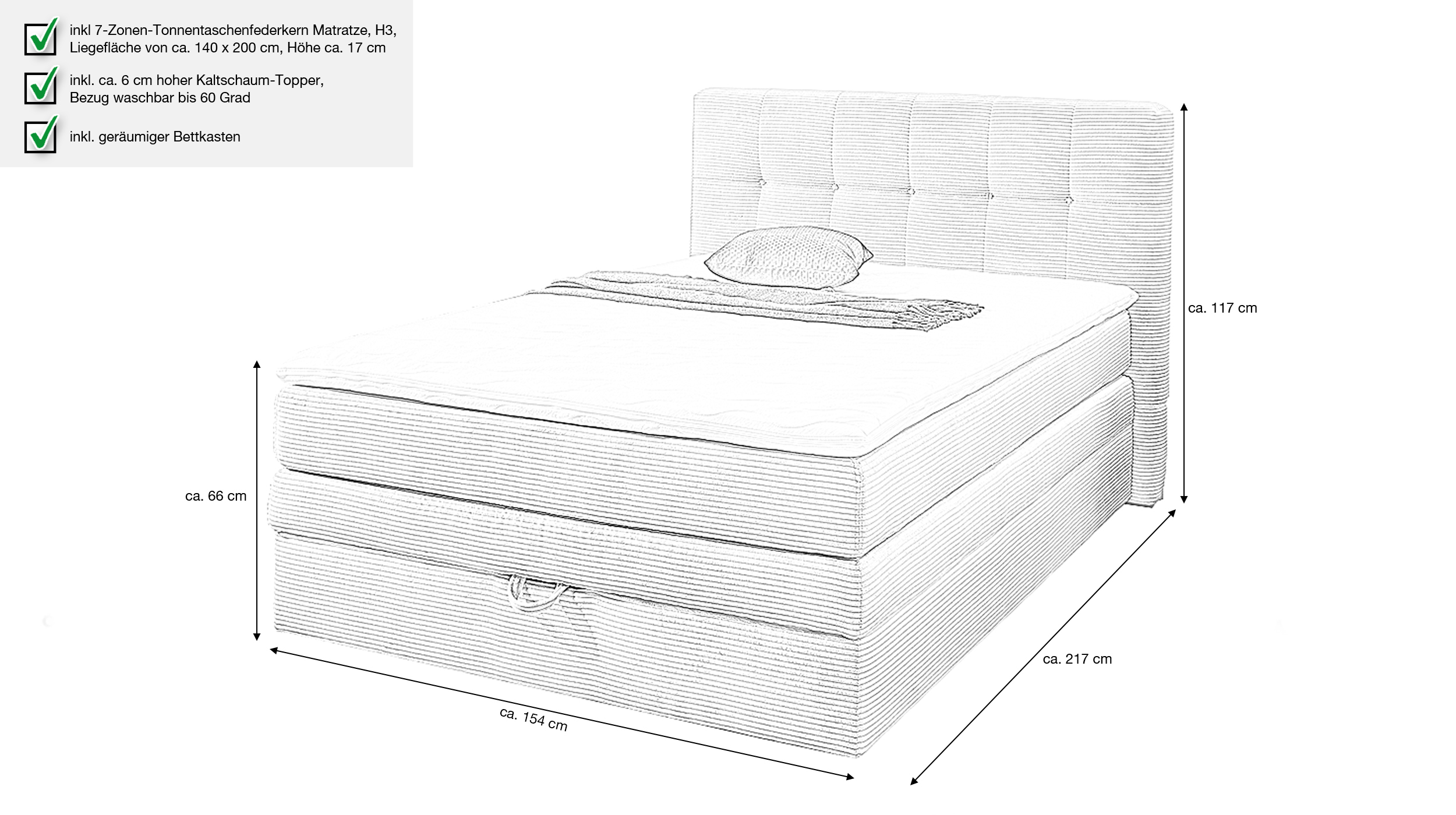 Boxspringbett 140 x 200 cm hellgrau Cordbezug - AMY