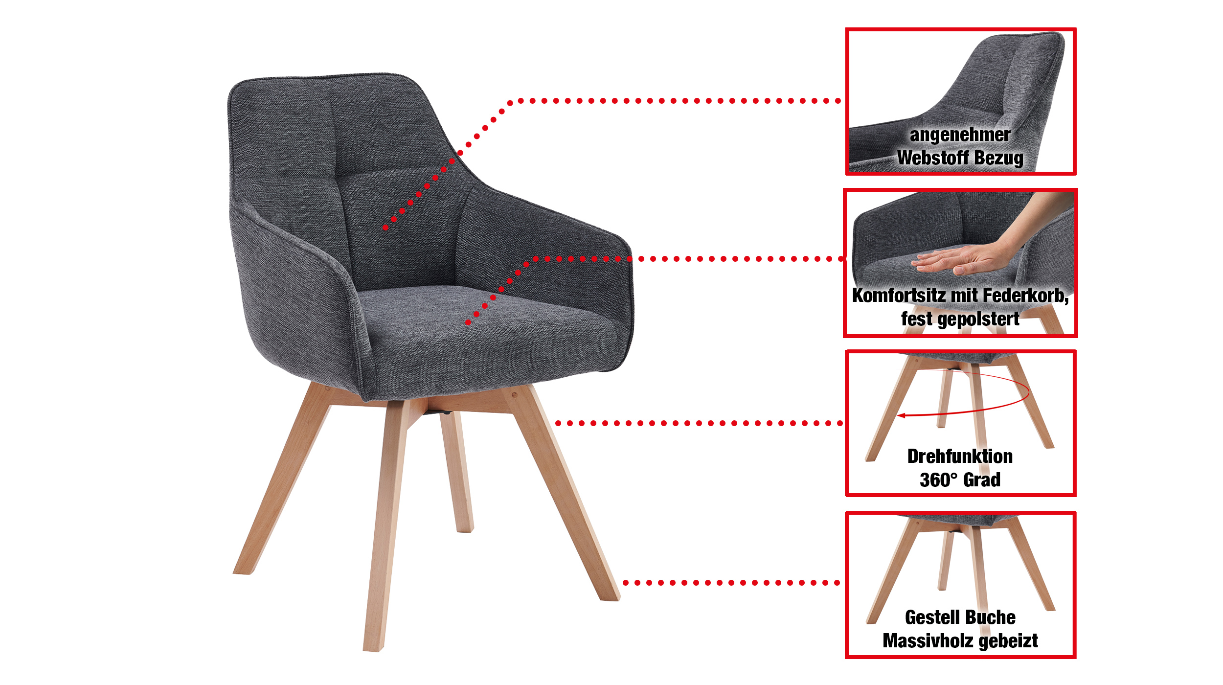 Polsterstuhl Armlehnstuhl anthrazit Webstoff - Buche massiv - LIPARI