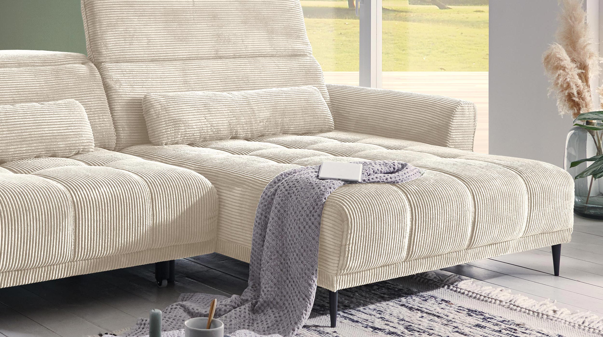 Ecksofa Cord beige ausziehbar - Sitztiefenverstellung - 277 cm - OT rechts - LOGAN
