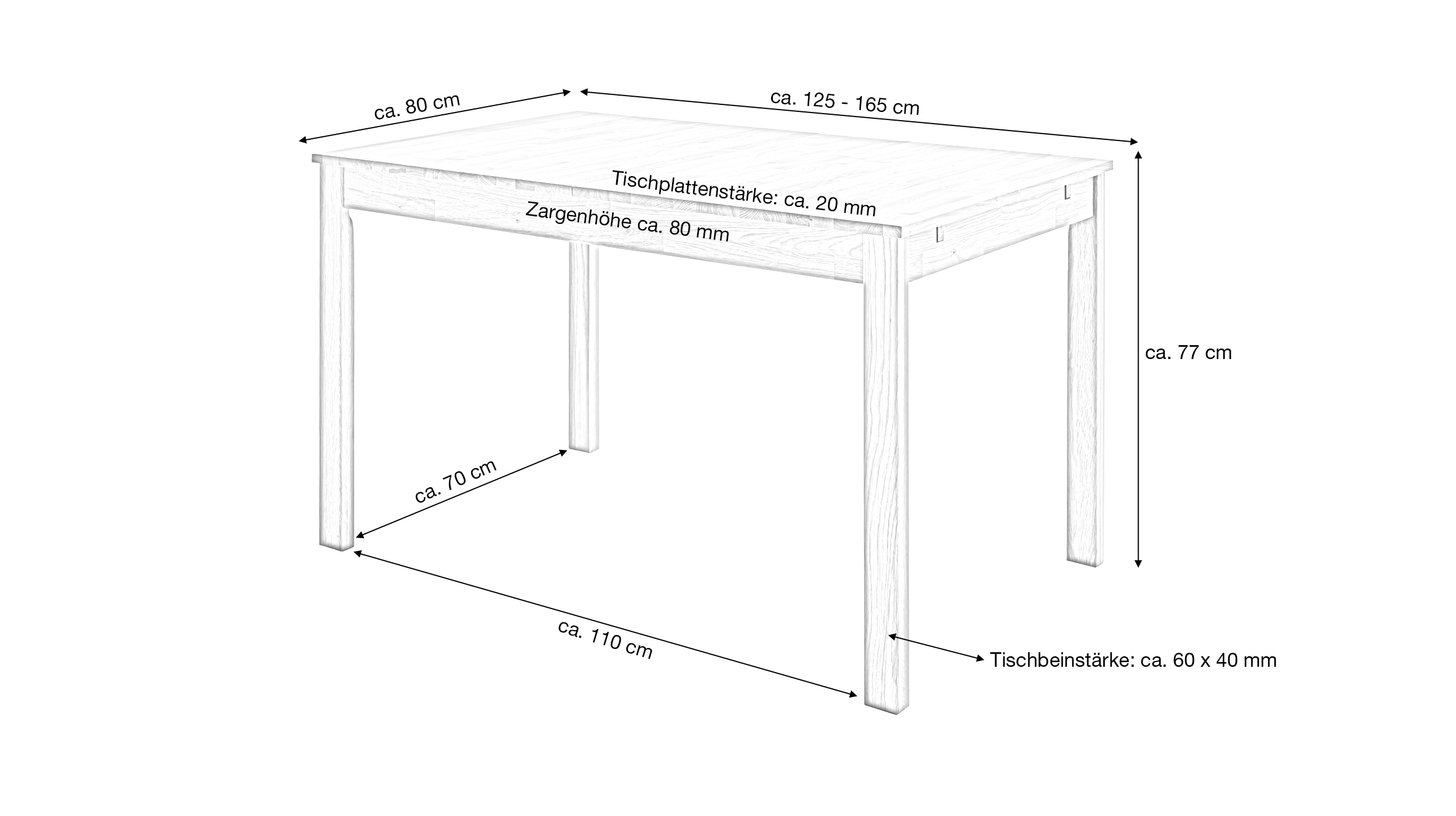 Esstisch 125 cm ausziehbar 165 cm Wildeiche massiv geölt - VARIUS