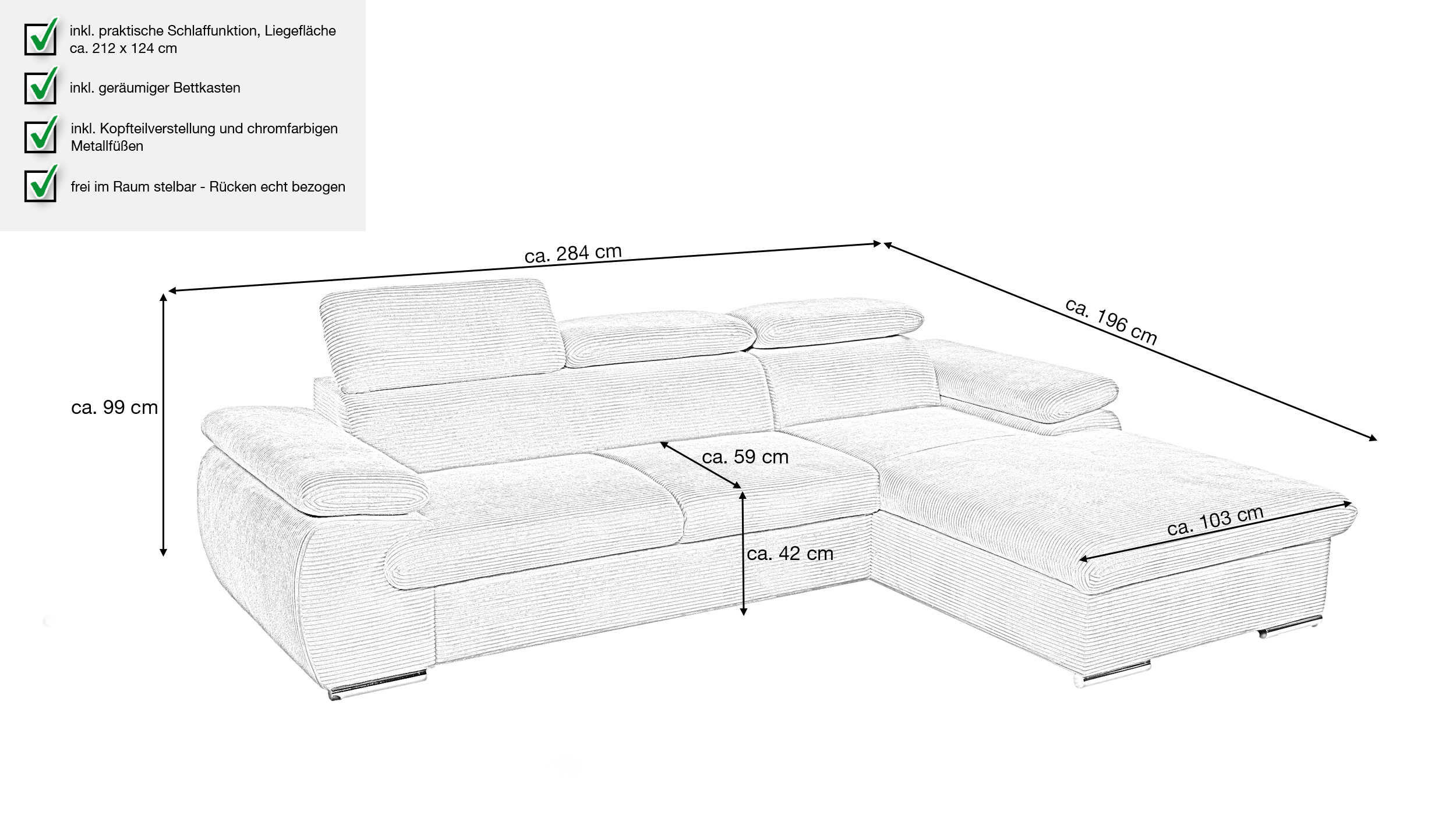 Ecksofa Cord creme Schlaffunktion Bettkasten 284 x 196 cm - CINDY