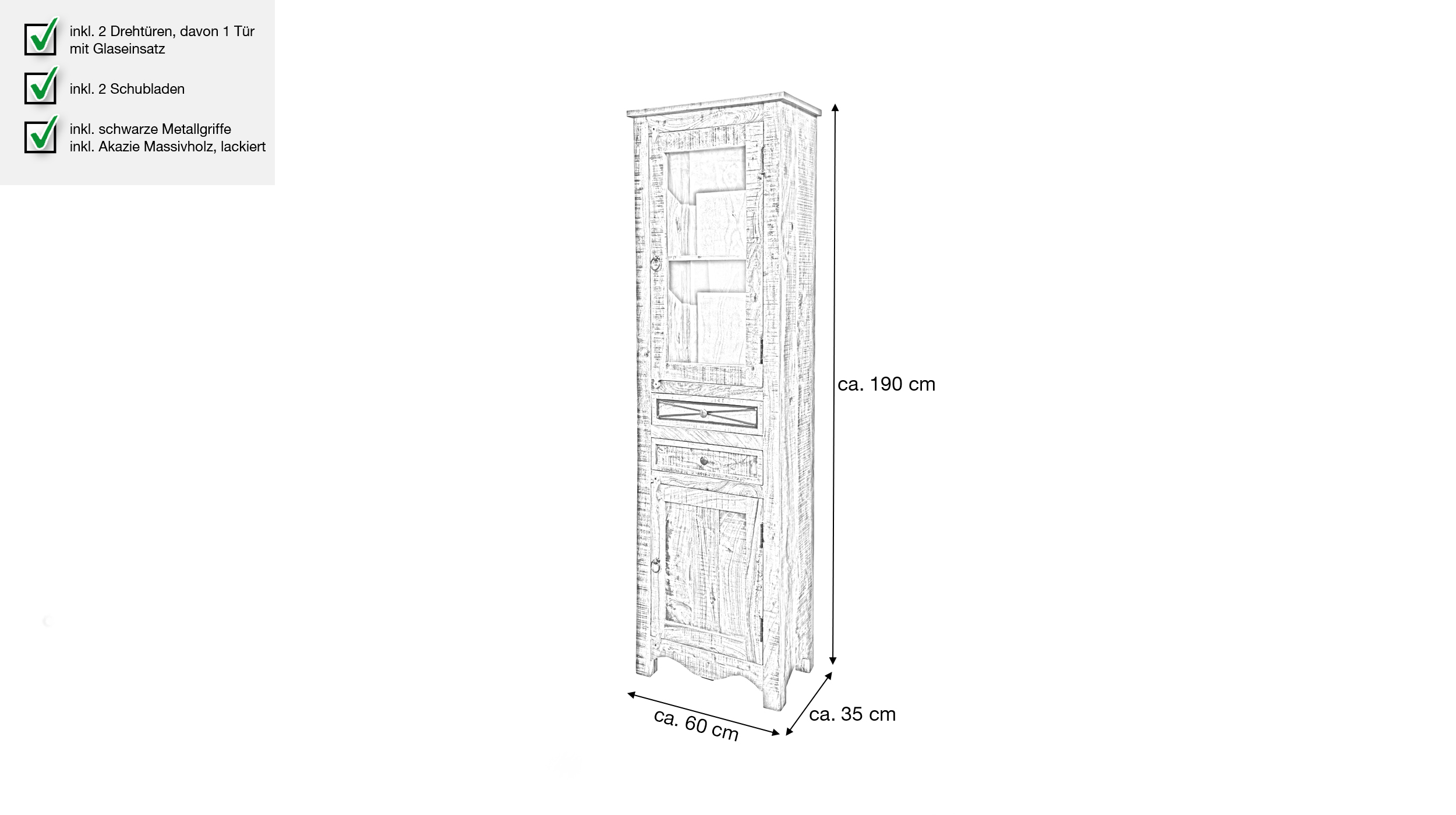 Vitrine mit Glastür Akazie massiv lackiert montiert 60 cm - ACANO