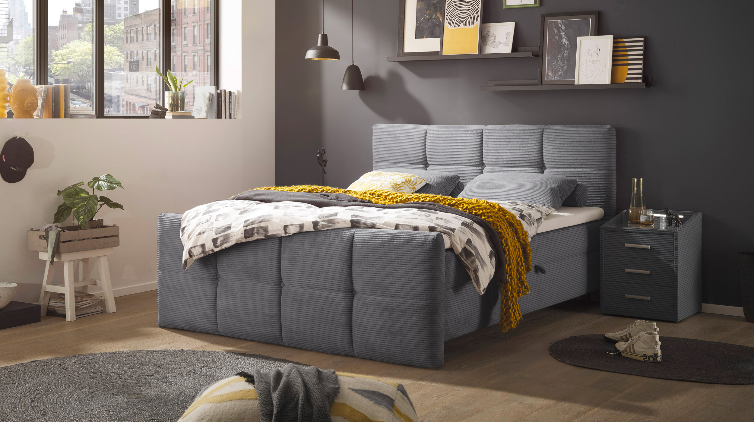 Boxbett Cord grau - 180 x 200 cm mit Bettkasten - TIJUANA