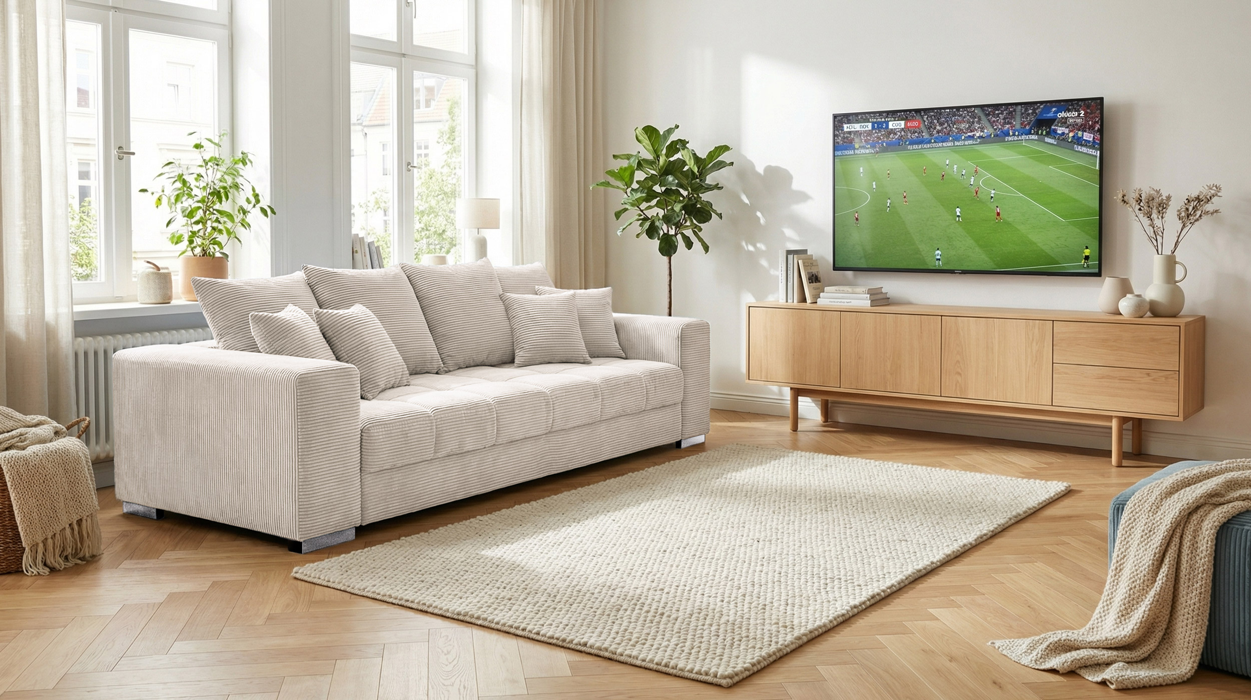 Big Sofa Cord beige - 254 cm - mit Nosagunterfederung - BORNEO