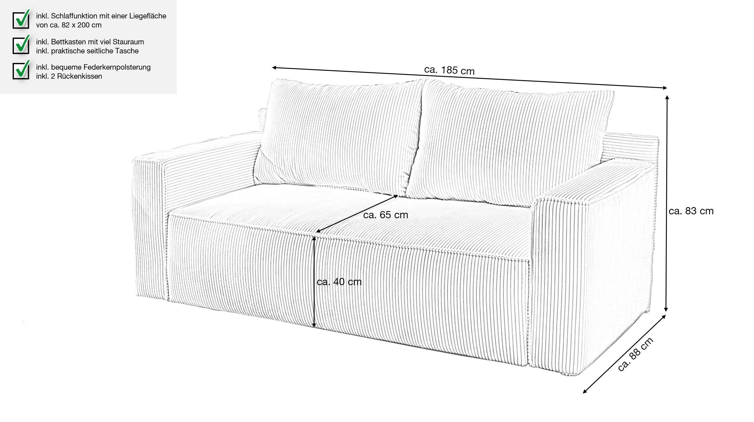 Schlafsofa mit Bettkasten grau-beige 185 x 88 cm - RON 