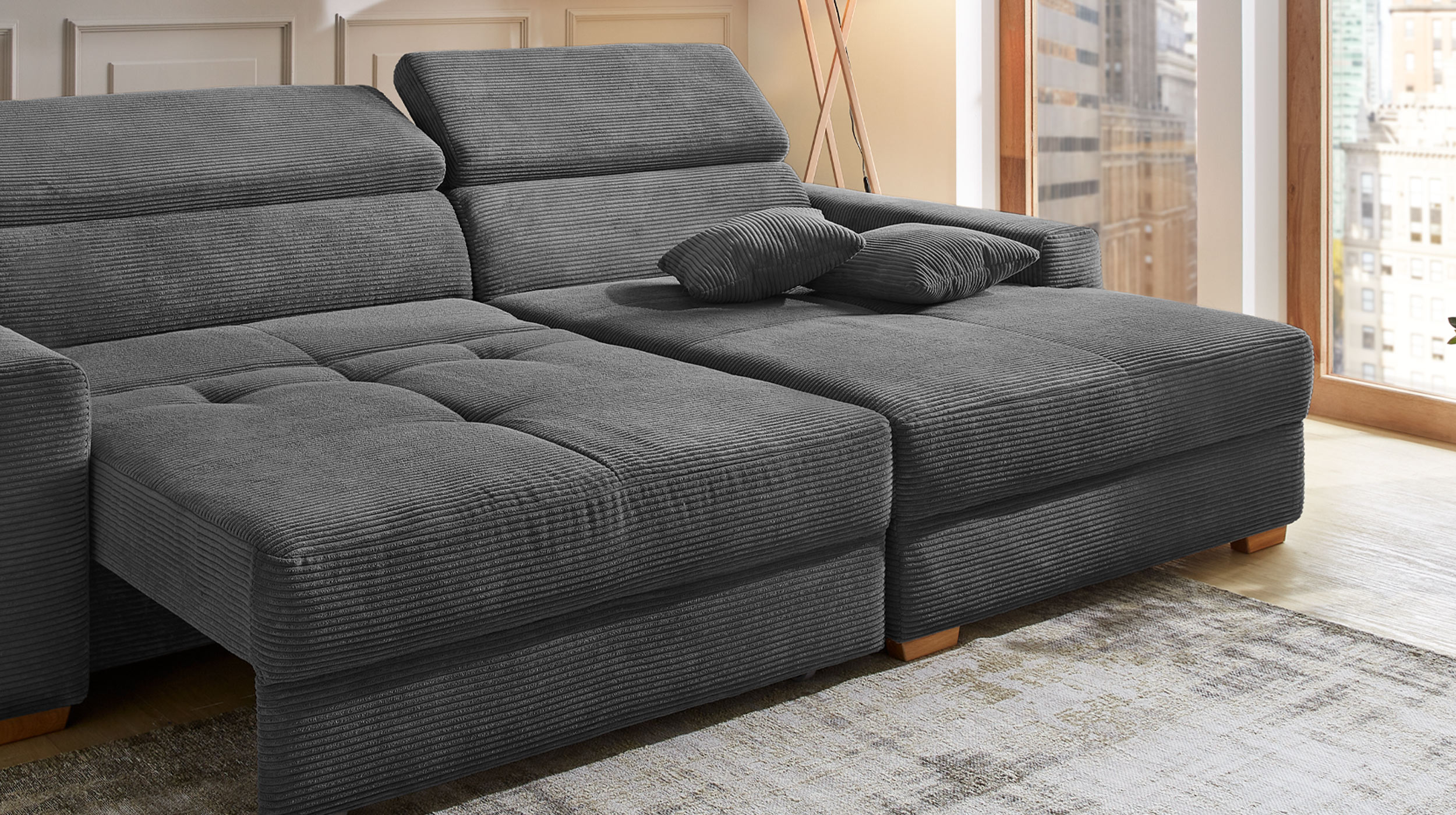 Ecksofa Cord grau 277 x 187 cm mit Relaxfunktion - SLIDER