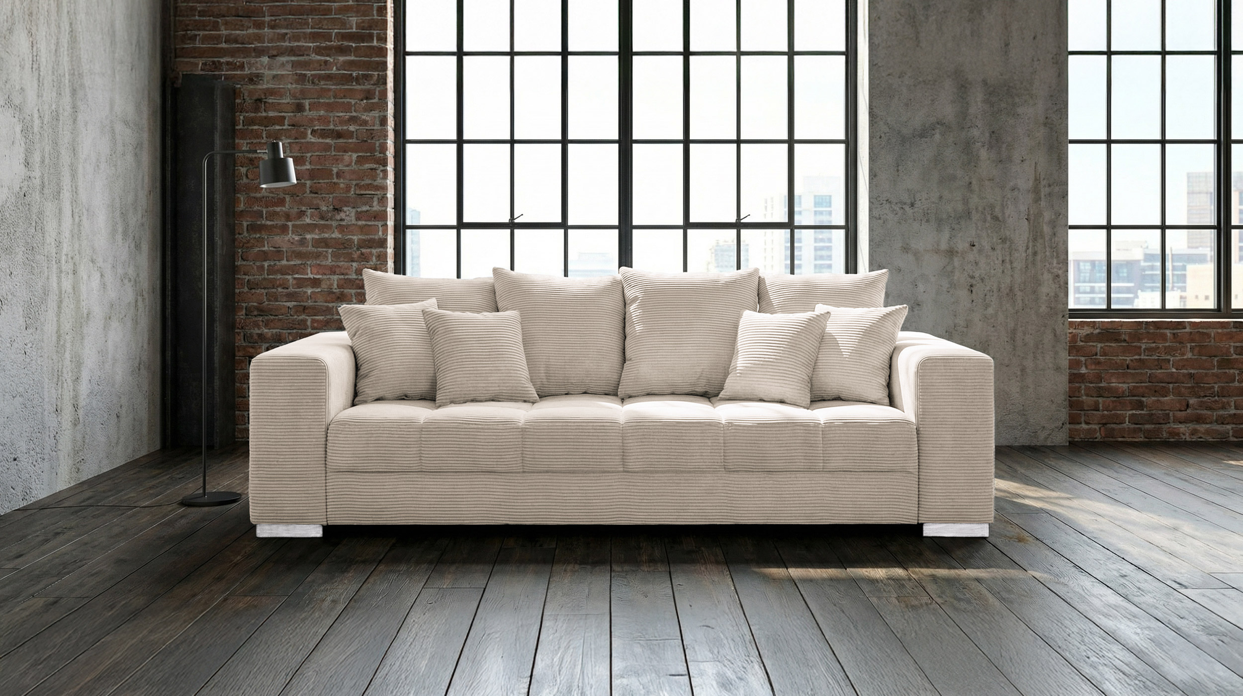 Big Sofa Cord beige - 254 cm - mit Nosagunterfederung - BORNEO