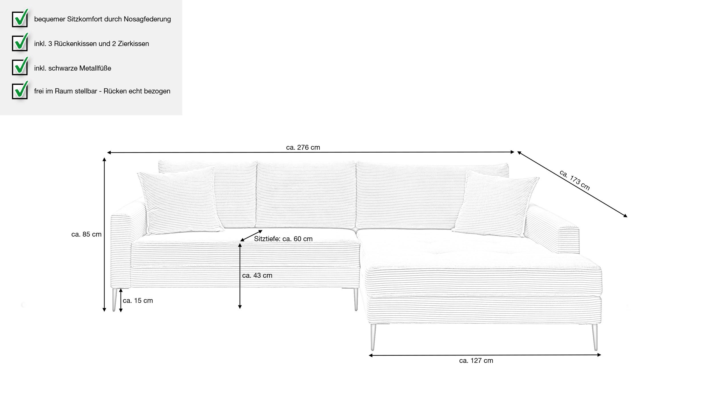 Ecksofa Cordbezug pastell grün 276 x 173 cm - SUMMER