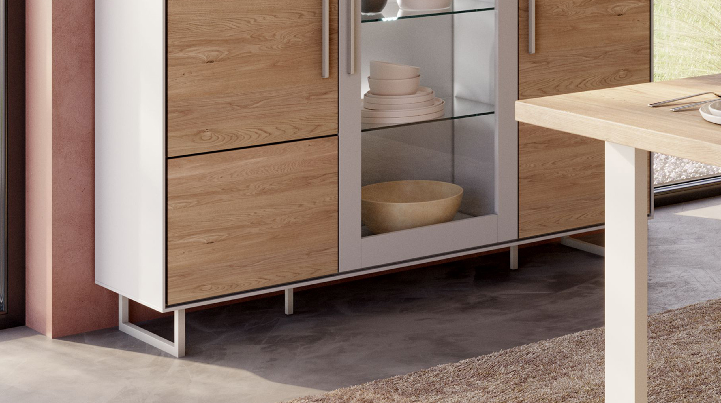 Highboard mit Glastür Eiche teilmassiv geölt 146 cm - KAI 