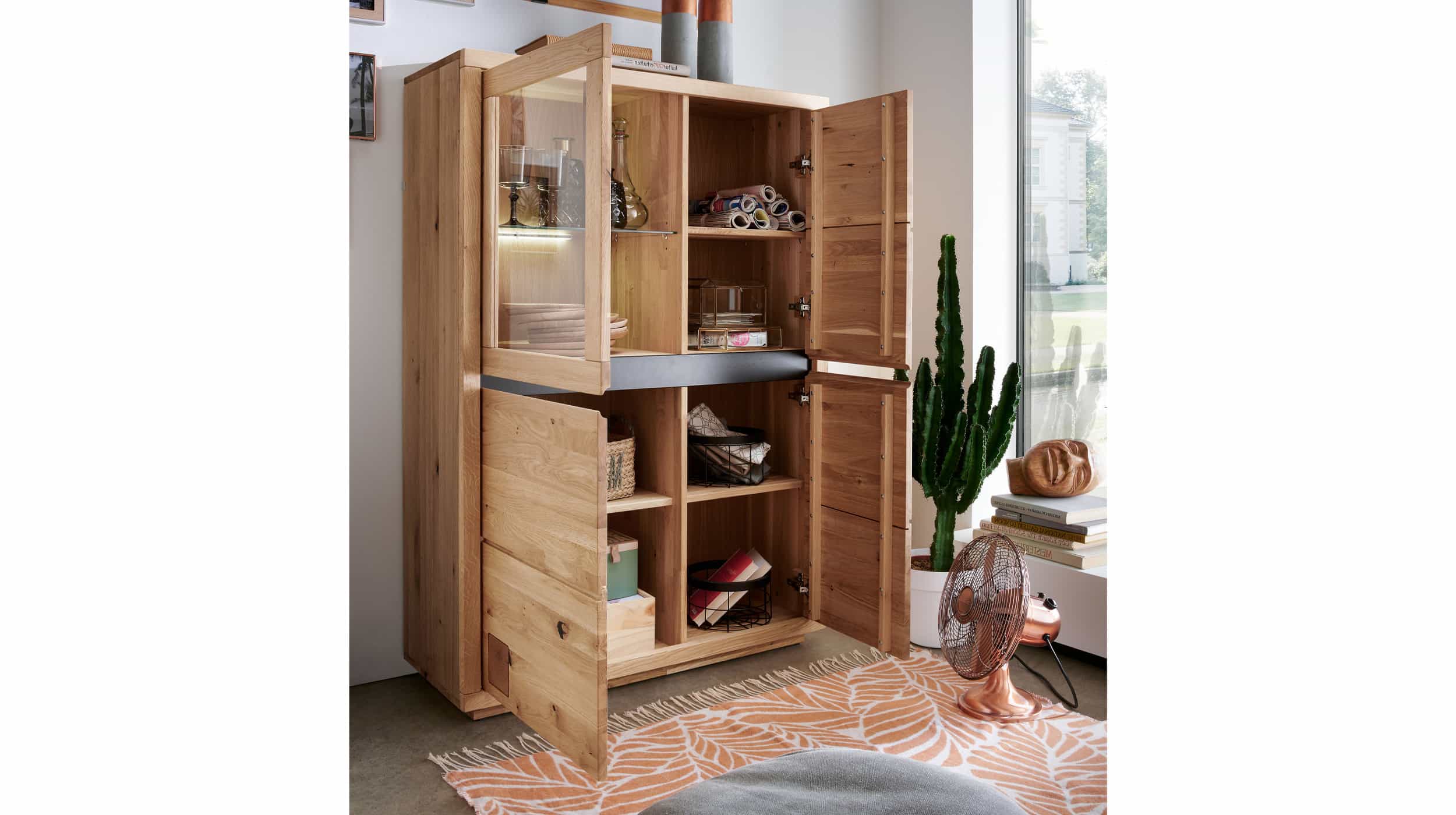 Highboard mit Glastür Wildeiche massiv geölt 103 cm - GIRONA