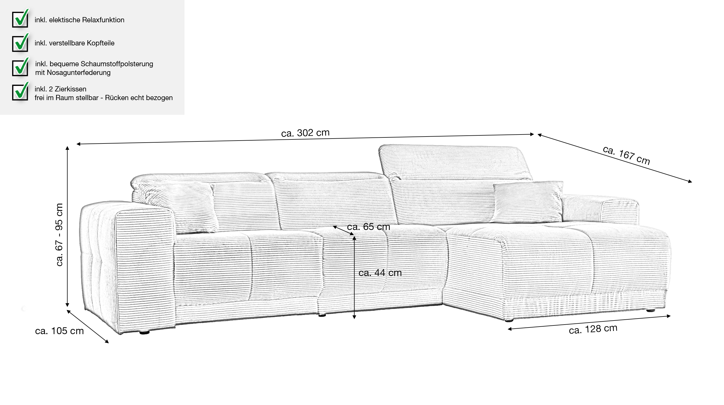 Ecksofa Cord grün 302 x 167 cm mit Relaxfunktion - OT rechts - TONI