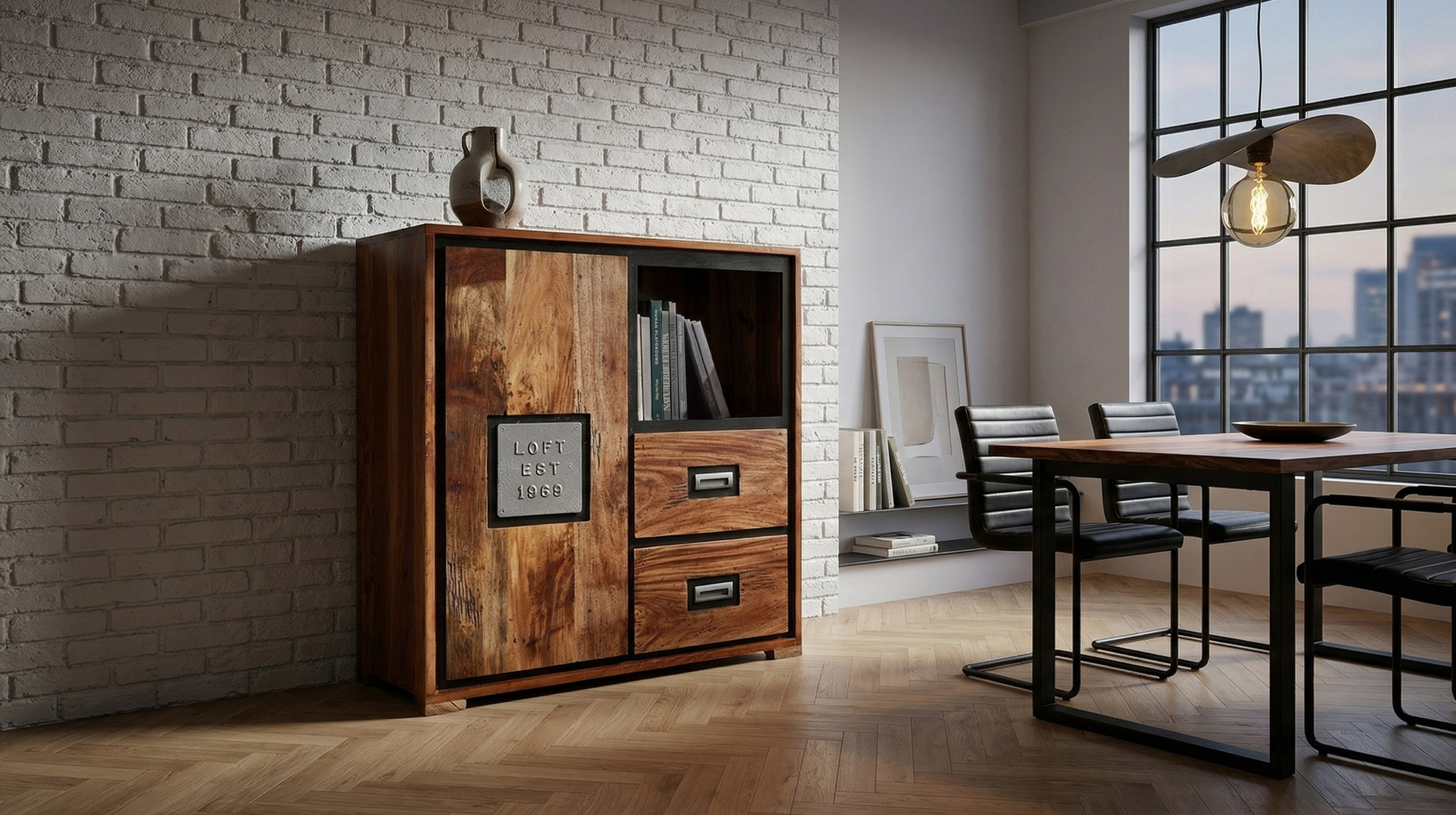 Highboard 1 Tür 2 Schubladen Akazie Altholz massiv natur 75 cm - NARVIK